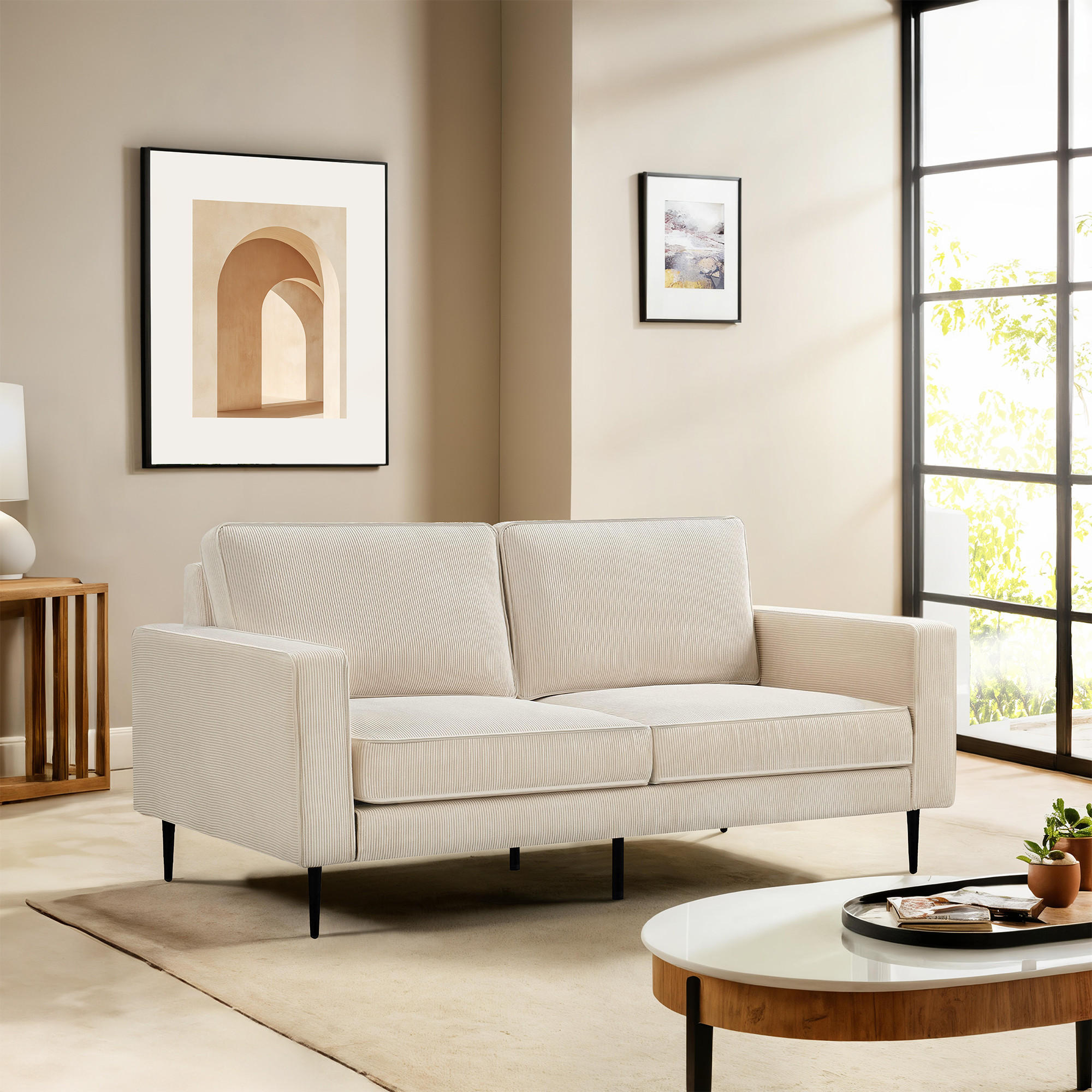 2-SITZER-SOFA Oskar Vintage beige Cord - Beige/Schwarz, Holz/Textil (173/83/92cm) - Sicaan
