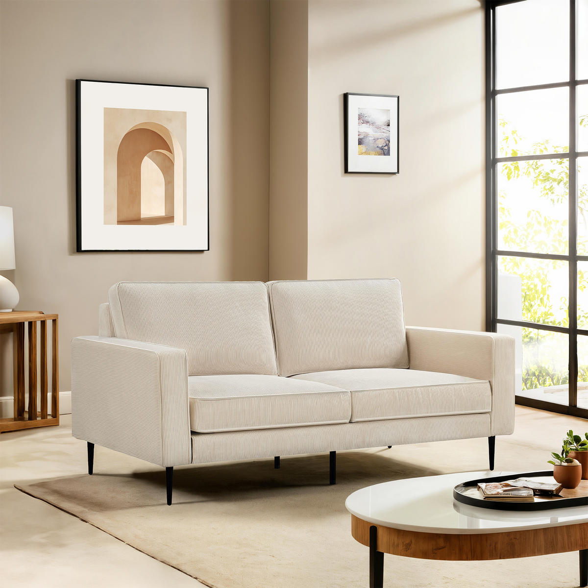 2-SITZER-SOFA Oskar Vintage beige Cord - Beige/Schwarz, Holz/Textil (173/83/92cm) - Sicaan