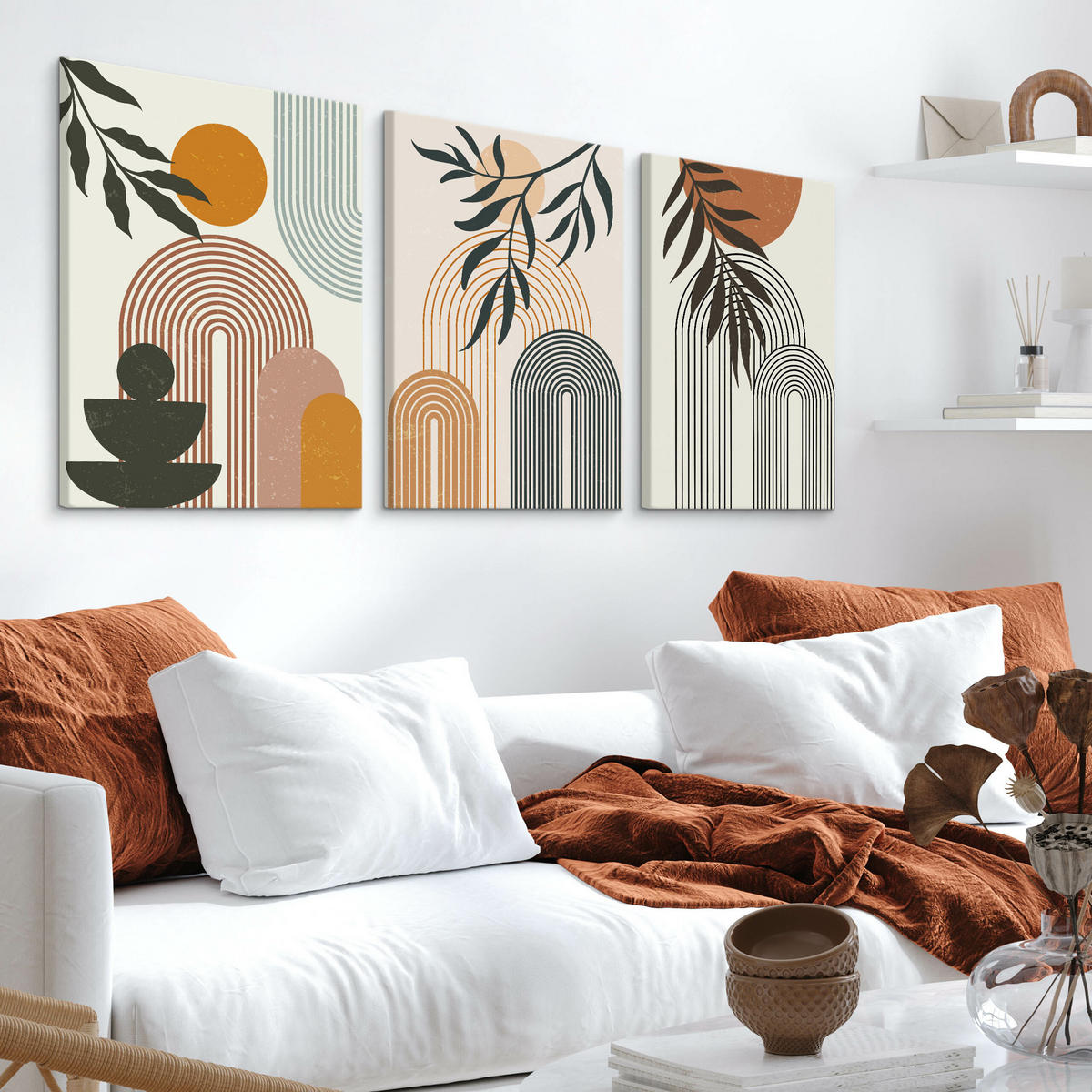 LEINWANDBILDER 3-es Set Pflanzen Boho - Beige/Rot, Textil (90/40cm) - Muralo