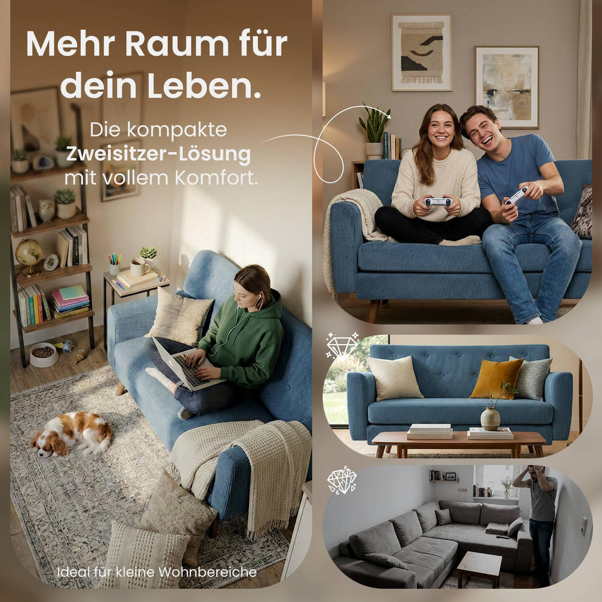 SOFA 120/74 cm Cord Blau - Blau/Braun, Holz/Textil (120/81/74cm) - CLP