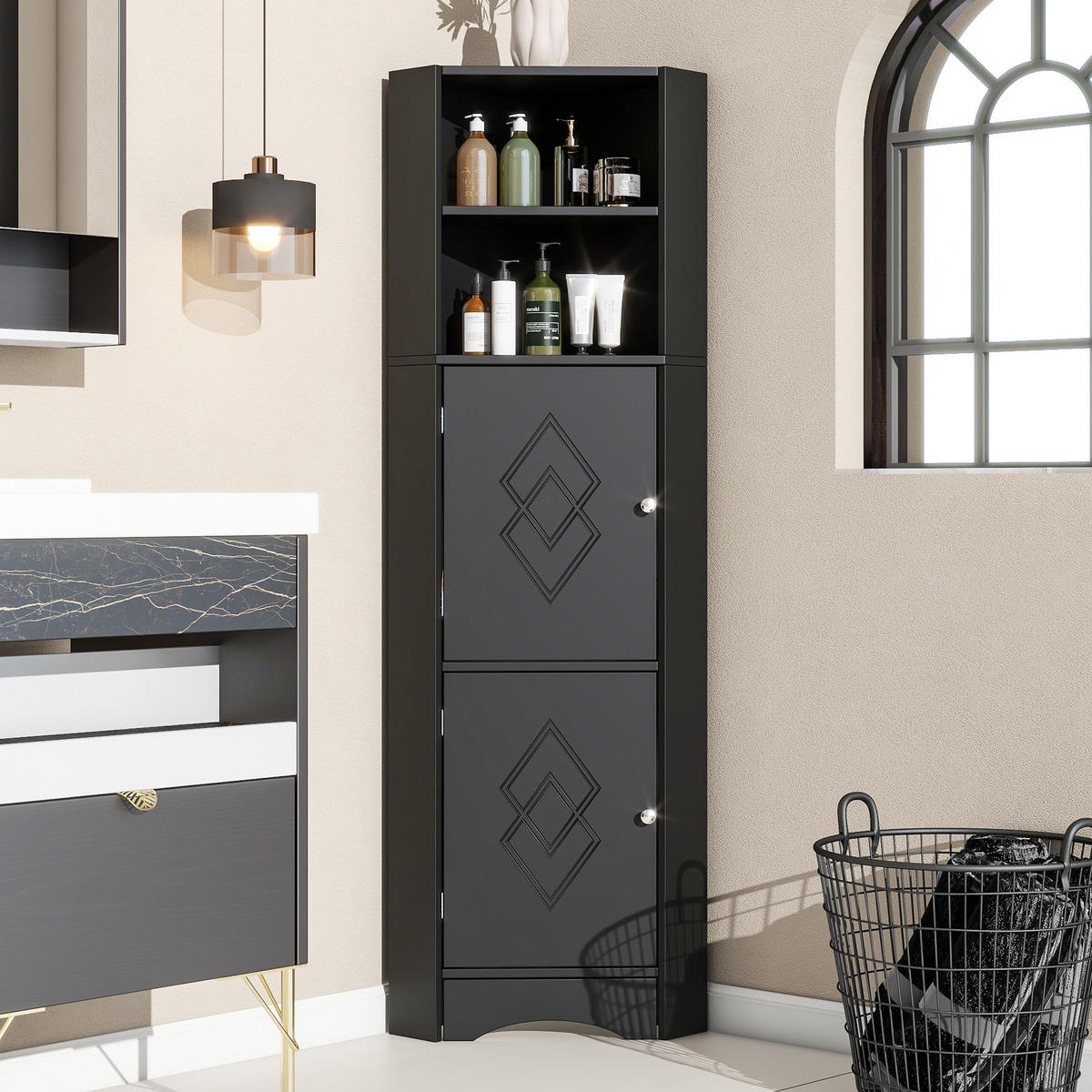 BUFFET Moderner Eckschrank minimalistisch Dreiecksdesign kippsicher wasserdicht Stauraum - Schwarz, Holzwerkstoff (36.5/155/36.5cm) - EVRYAE