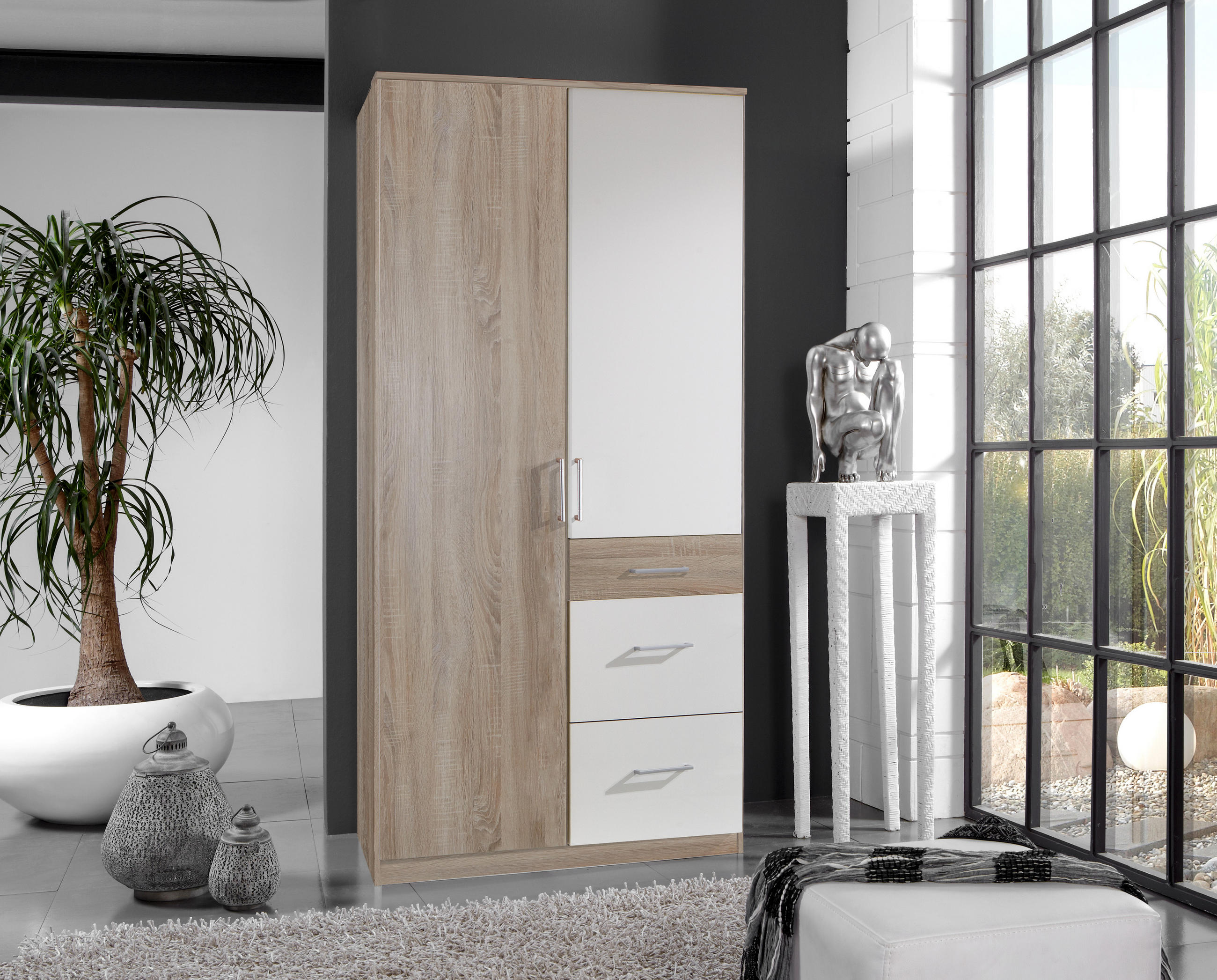 DREHTÜRENSCHRANK Click in Eiche Sägerau mit Weiß - 91 cm Breite - Braun, Holzwerkstoff (91/199/58cm)