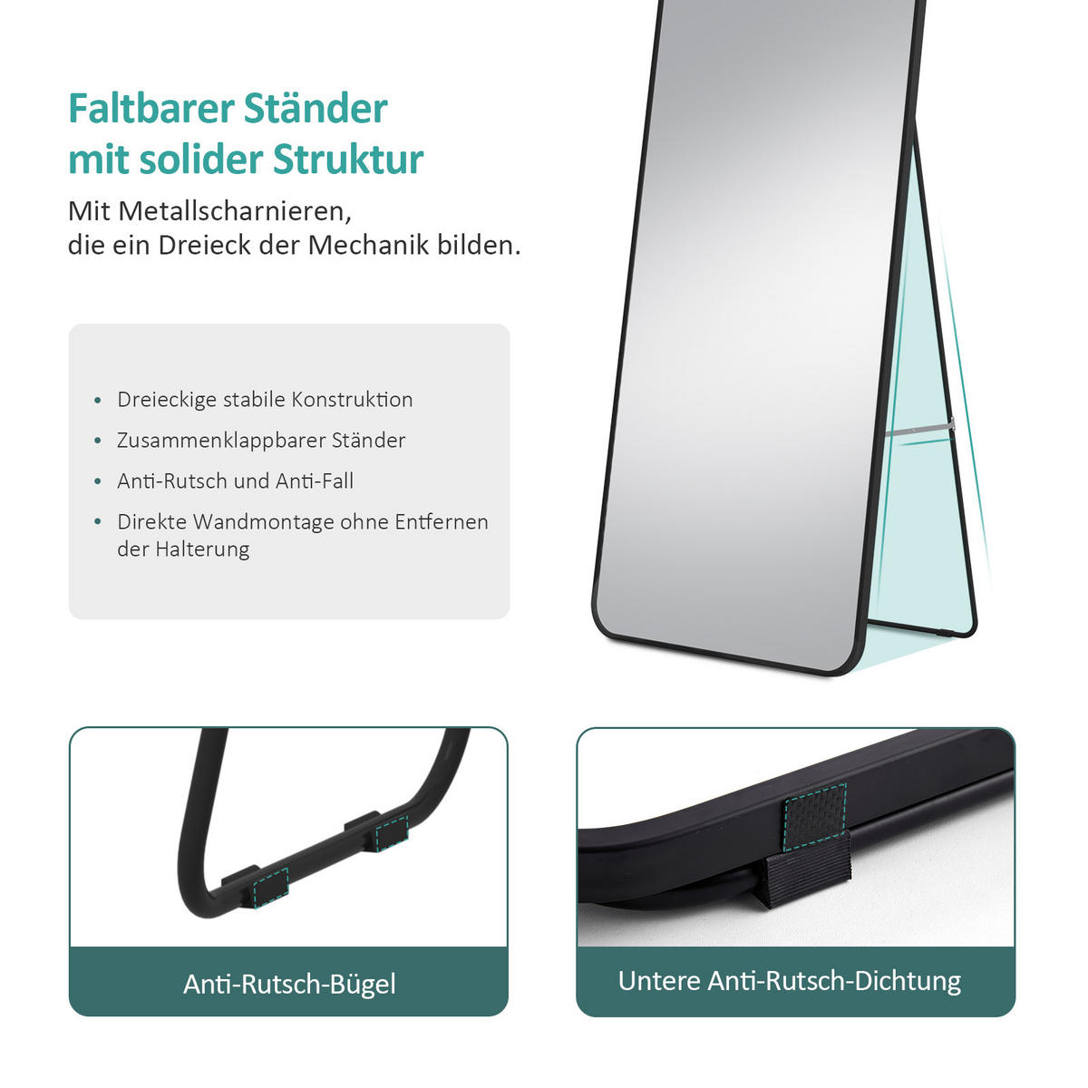 STANDSPIEGEL mit Rahmen Gehärteter Silberspiegel Schwarz 147/45 cm - Schwarz, Glas/Metall (45/147/147cm) - EMKE