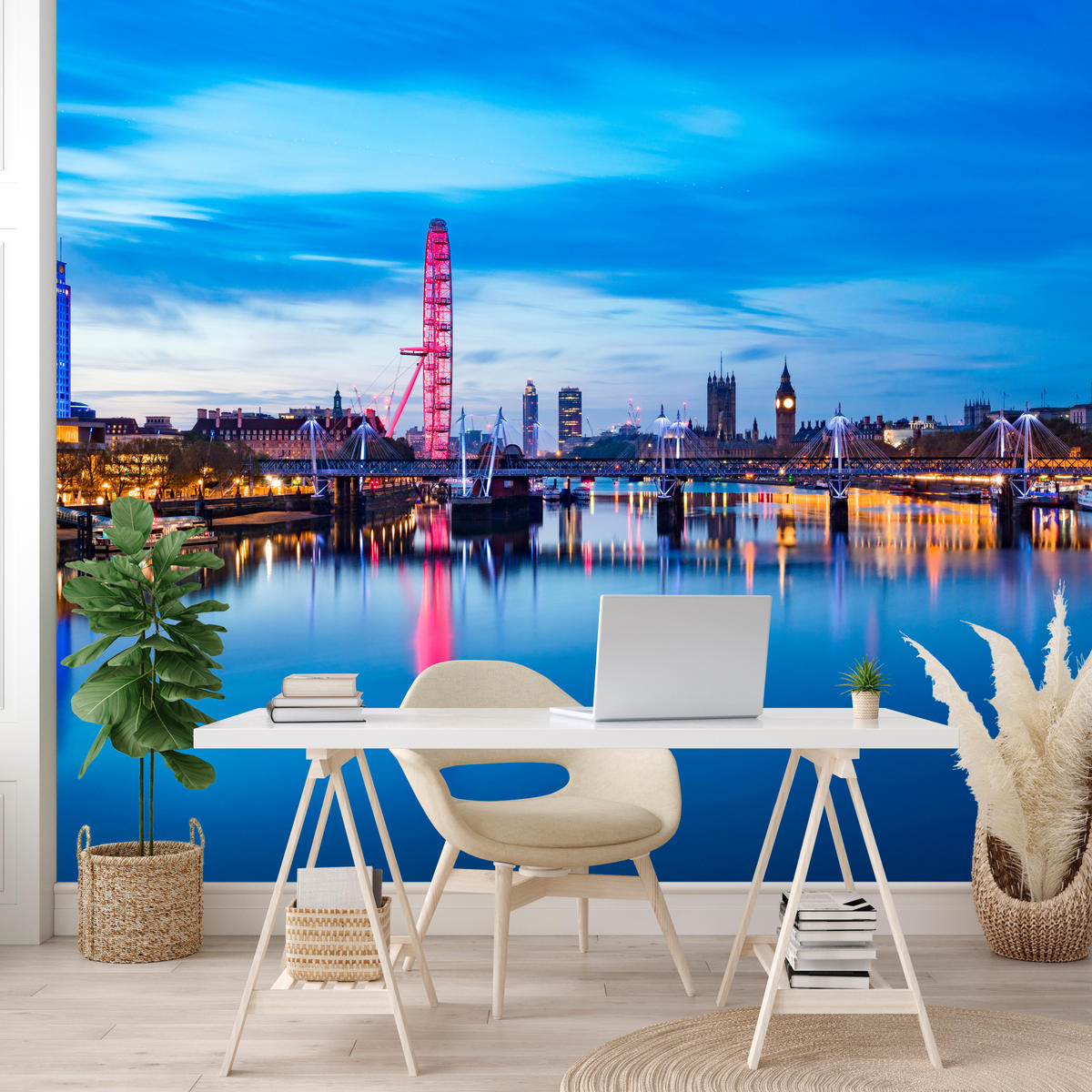 FOTOTAPETE für Wohnzimmer Panorama London Eye Themseufer 300x210 - Blau/Rot, Papier (300/210cm) - Muralo