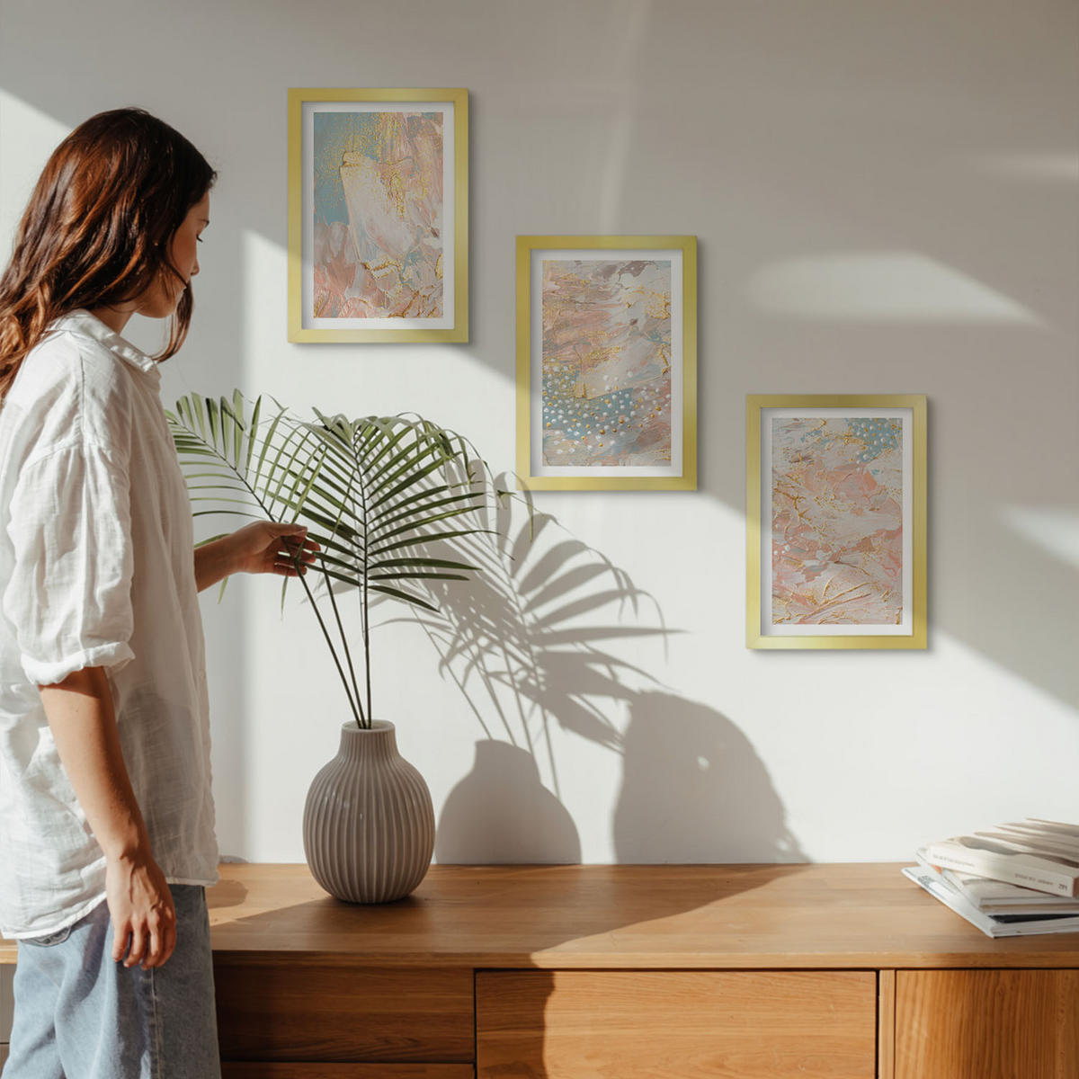 WANDBILDER 3er Set - 20x30 cm Goldrahmen - Abstrakte Pastellmuster - Goldfarben, Kunststoff (20/30cm) - ArtPrintCave