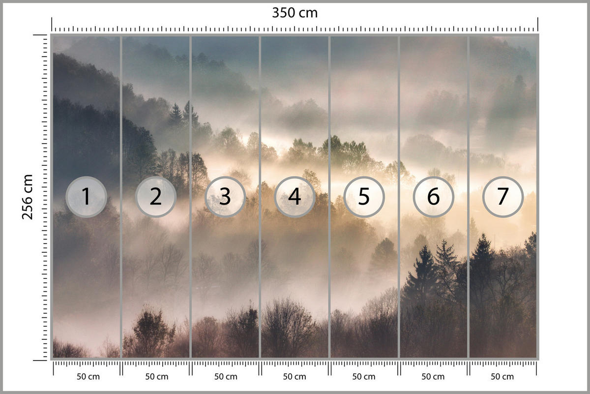 FOTOTAPETE für Wohnzimmer Natur Nebeliger Wald Sonnenaufgang Gebirge 350x256 - Gelb/Creme, Papier (350/256cm) - Muralo