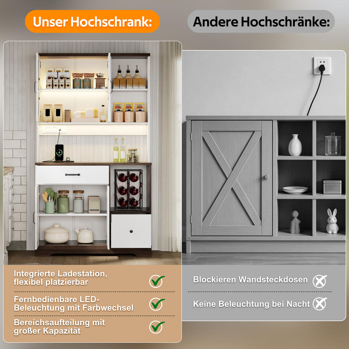 BUFFET 105/40/185 cm Weiß mit verstellbaren Einlegeböden, 2 Schubladen und farbwechselnder LED-Beleuchtung - Weiß, Holz (105/185/40cm) - Oxeza