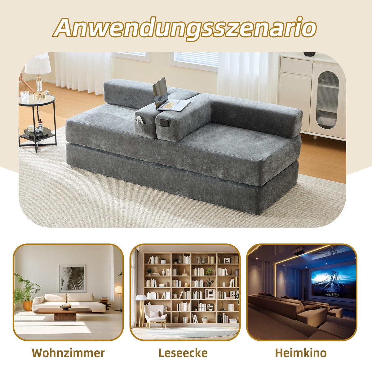 SCHLAFSOFA 198/79/60 cm Dunkelgrau mit Aufbewahrungstaschen - Dunkelgrau, Textil (198/60/79cm) - Oxeza