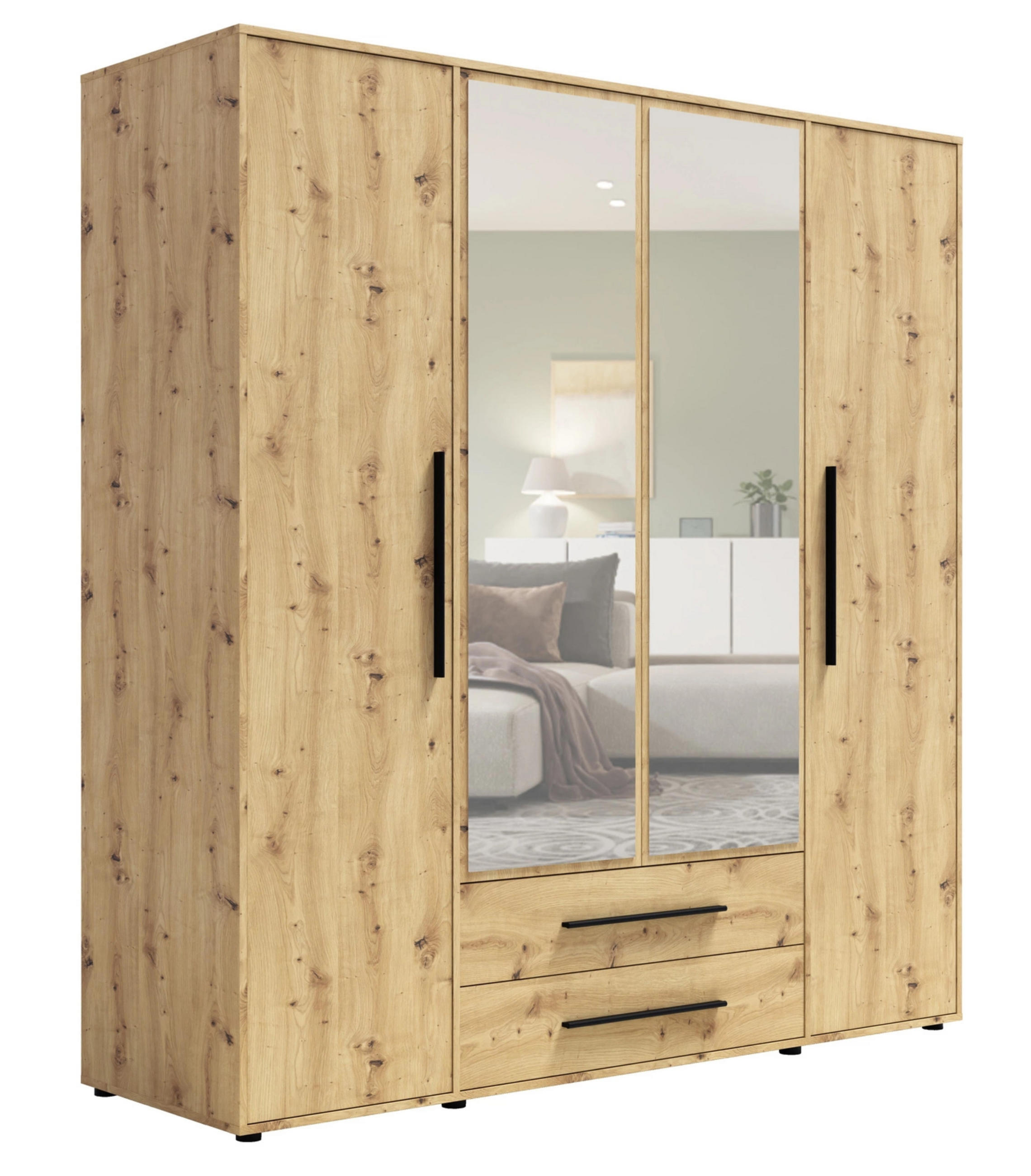 KLEIDERSCHRANK Modena in der Farbe Artisan-Eiche, mit Spiegel, mit Tür, mit Türen und Schubladen - Schwarz/Eiche Artisan, Holzwerkstoff/Kunststoff (200/206/59cm) - Ravio