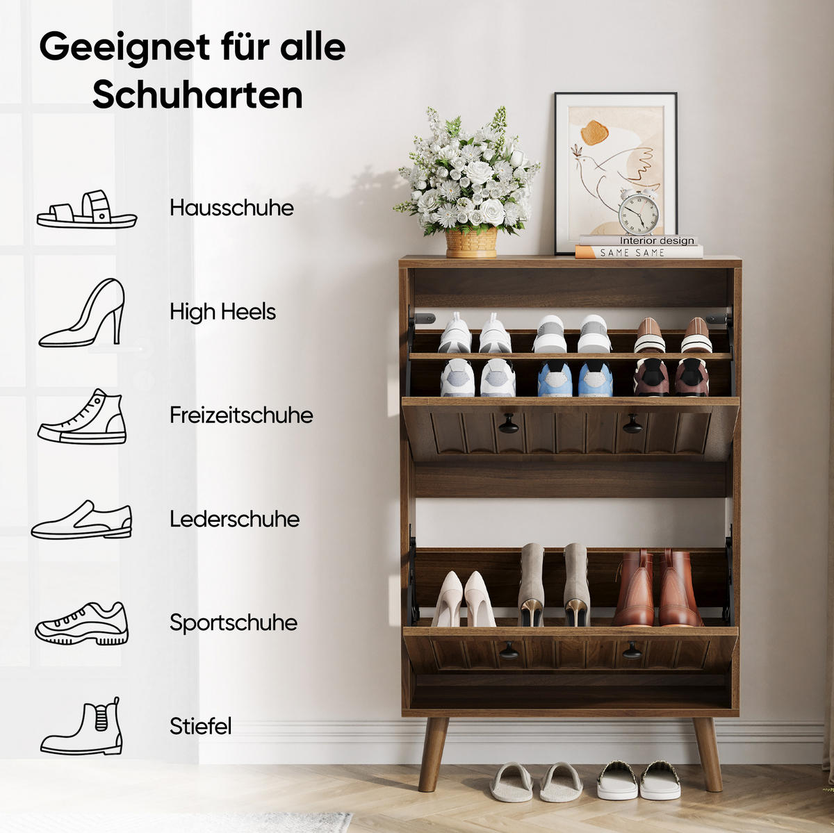 SCHUHSCHRANK 60/24/95 cm Walnuss aus MDF und Spanplatte mit Kippfächern - Walnussfarben, Holzwerkstoff (24/95/60cm) - OKWISH