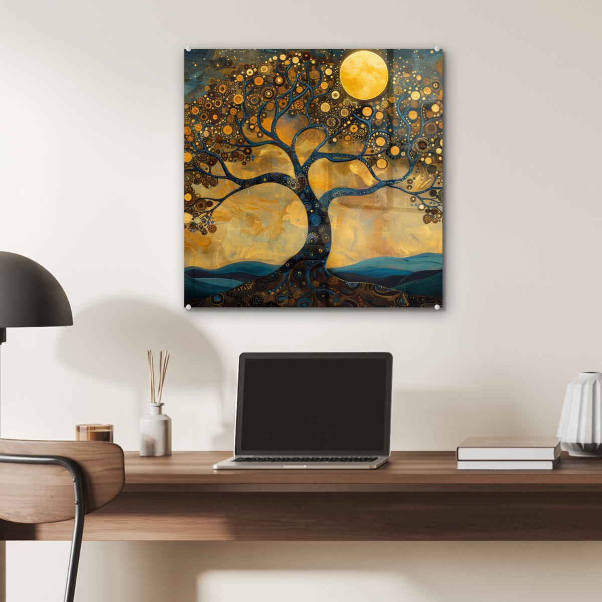 ACRYLGLASBILD Baum - Mond - Blumen - Gold - Kunst 50x50 cm - Orange, Glas (50/50cm) - MuchoWow