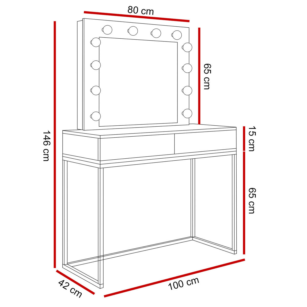 SCHMINKTISCH BLANCO GOLD mit Spiegel und Beleuchtung - Schwarz, Holzwerkstoff (100/146/42cm) - Lookway
