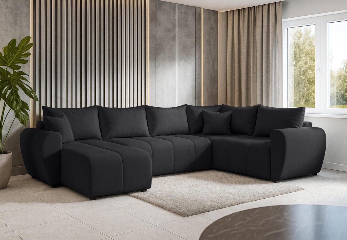 WOHNLANDSCHAFT Malatya U Form MAX Schwarz 311/145/80 cm mit Schlaffunktion - Schwarz, Kunststoff/Textil (208/80/303cm) - AX Living