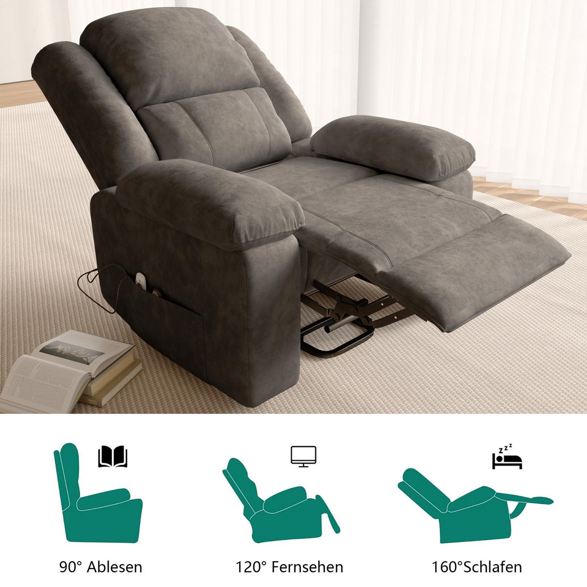 MASSAGESESSEL mit Relaxfunktion, 8 Massagepunkten & 2 Wärmepunkten, Stehhilfe, Fleece-Stoff in grau - Grau, Textil (93/106/102cm) - BRILVERDE