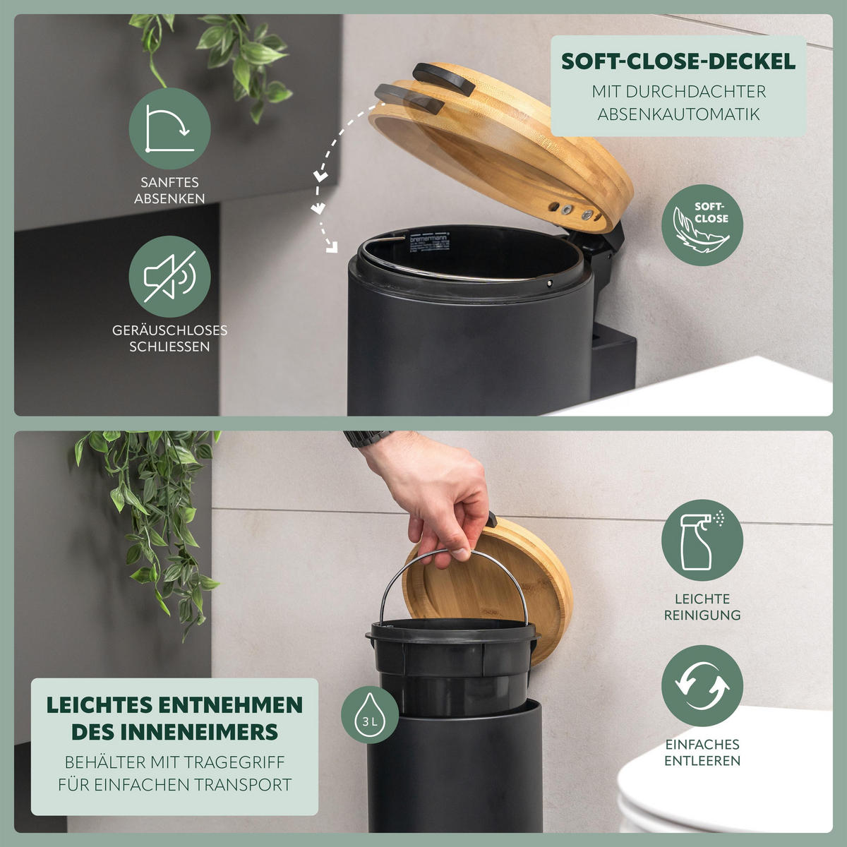 WAND-KOSMETIKEIMER 3 L, rund, schwarz - Schwarz, Metall (17/25/23cm) - bremermann