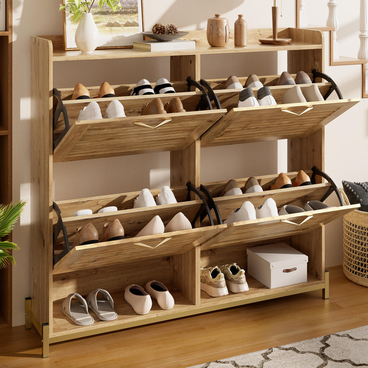 SCHUHSCHRANK 108,5/24/100 cm in Holzfarbe mit 4 Türen und Metallgestell - Naturfarben, Holzwerkstoff (108.5/100/24cm) - Flora Grace
