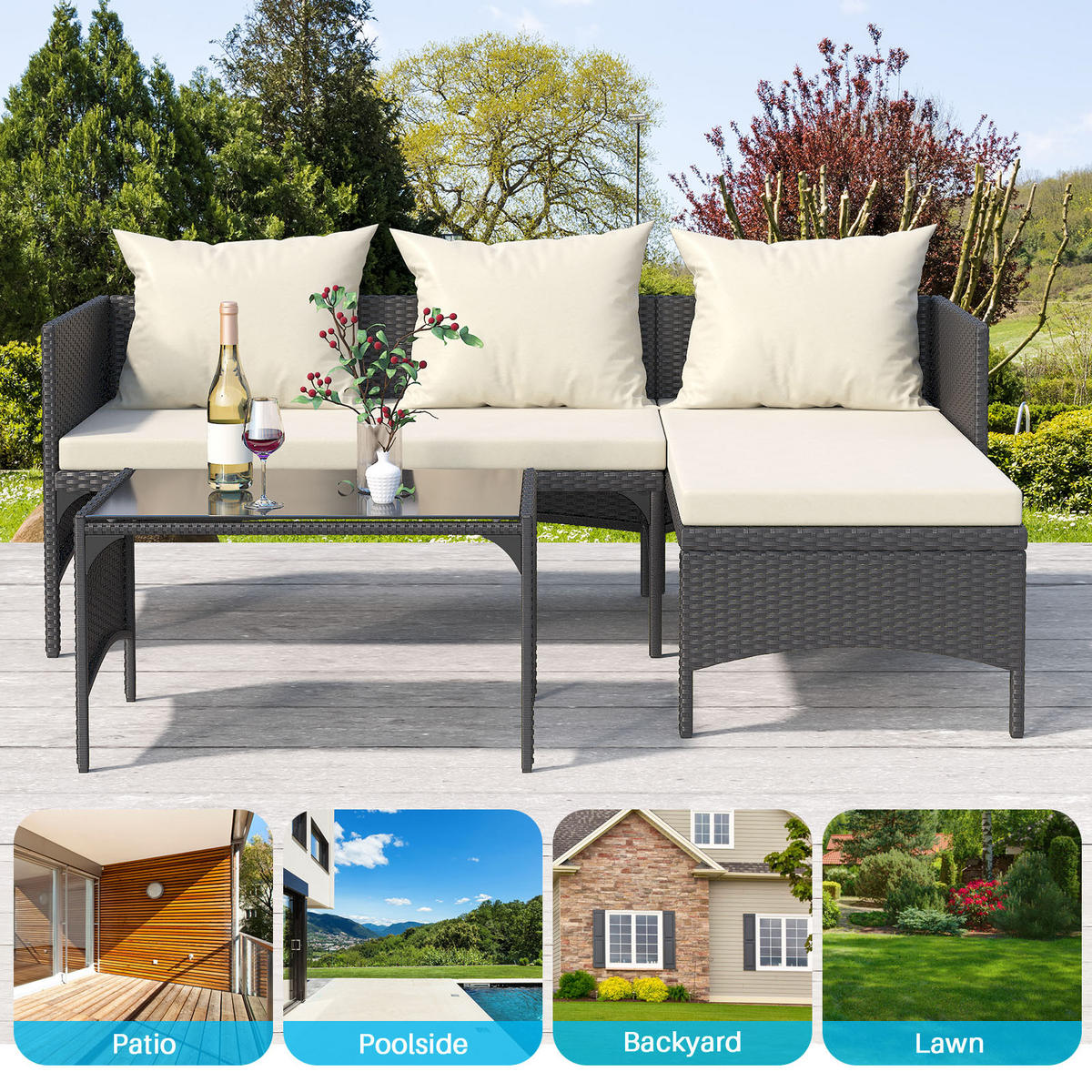 ECKSOFA Loungeset 3tlg Schwarz Gartensofa Modular - Schwarz, Textil - Rattrix