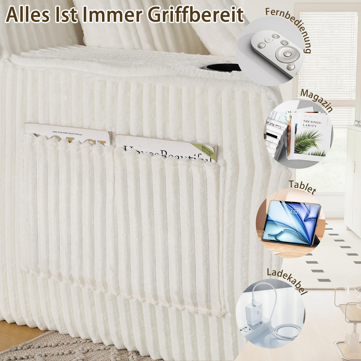 SCHLAFSOFA 186/154/78 cm Beige Cord mit seitlicher Magazintasche und Getränkehalter - Beige, Textil (186/78/154cm) - Oxeza