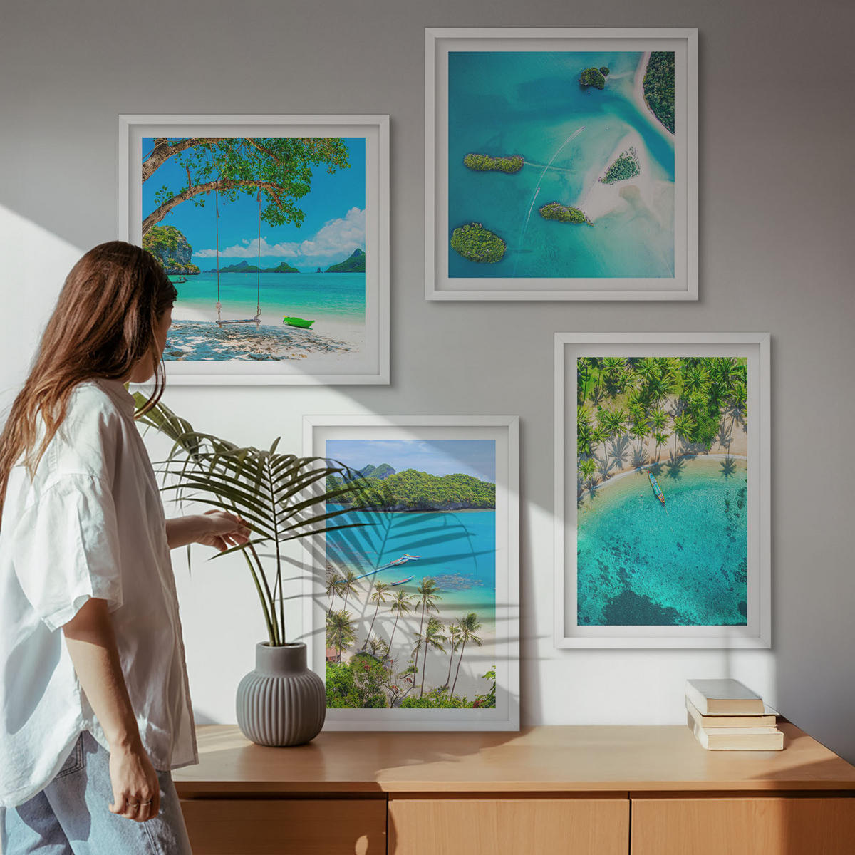 BILDER SET 4er Set - 50x50 cm & 40x60 cm Weißer Rahmen - Strände, Palmen, kristallklares Wasser - Weiß, Kunststoff (50/50cm) - TULUP