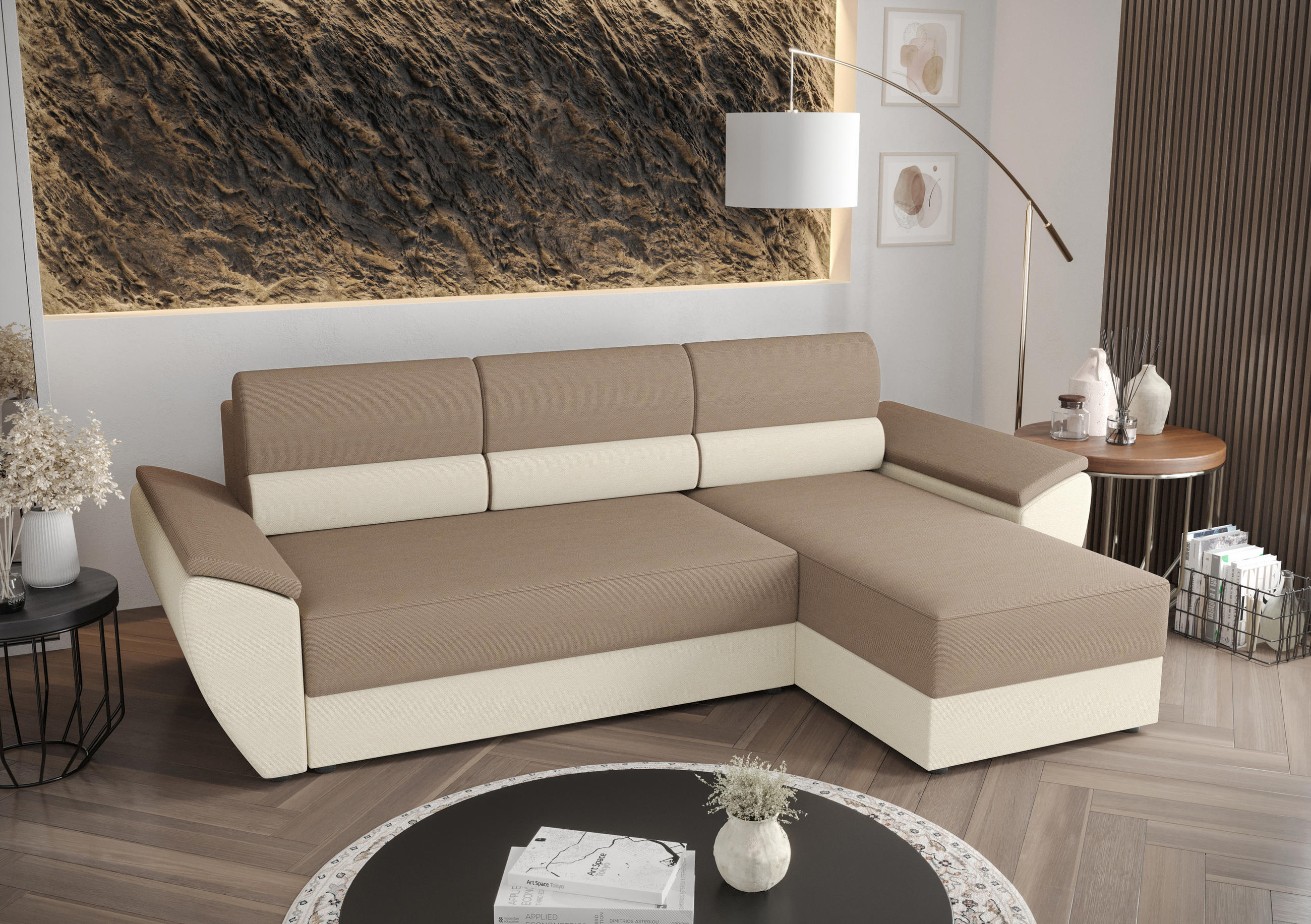 ECKSOFA L REBI L2 Rainbow 05/16 Rechts mit Schlaffunktion, Beige/Creme, L-Form - Beige/Creme, Textil (251/140cm)