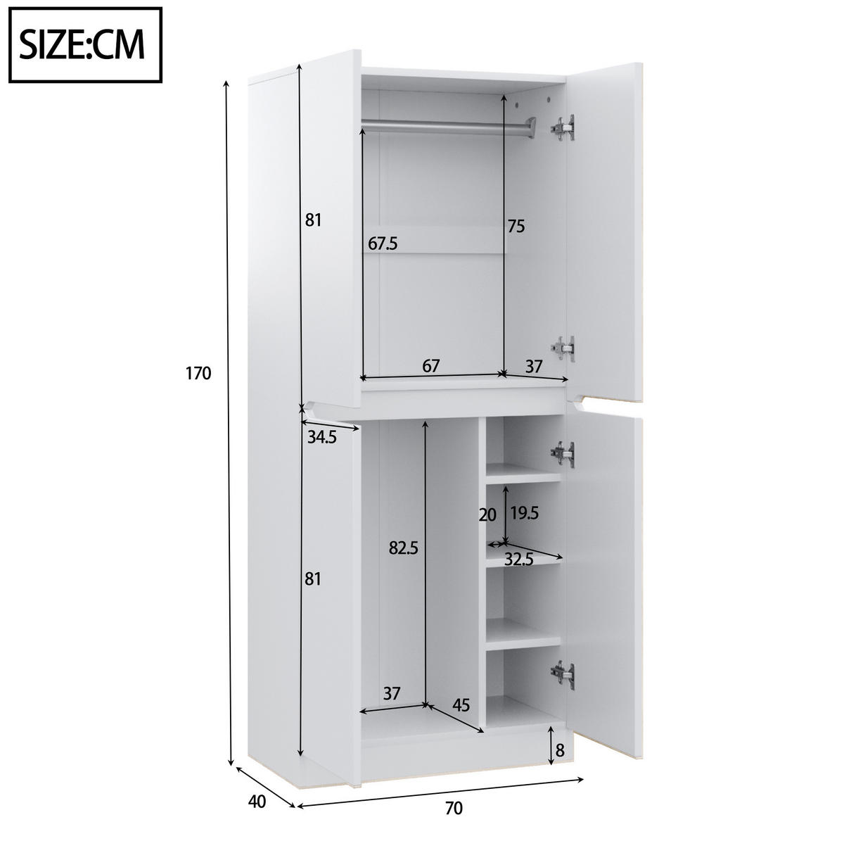 KLEIDERSCHRANK 70/40/170 cm mit 2 Drehtüren in Weiß - Weiß, Holz (70/170/40cm) - BEAOK