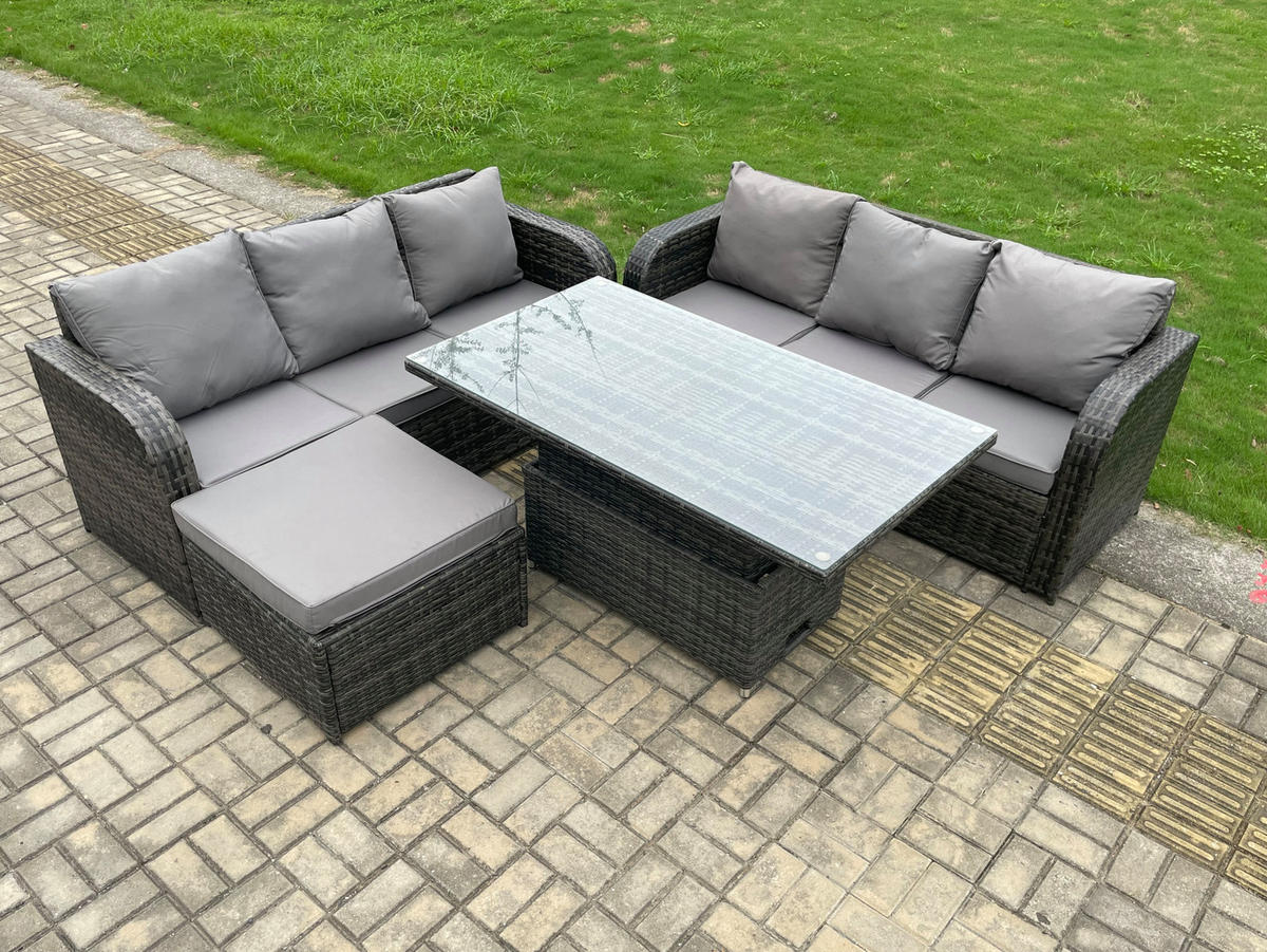 GARTENSOFA-SET HÖHENVERSTELLBARER ESSTISCH Polyrattan 7-Sitzer - Dunkelgrau/Grau, Glas/Kunststoff - Fimous