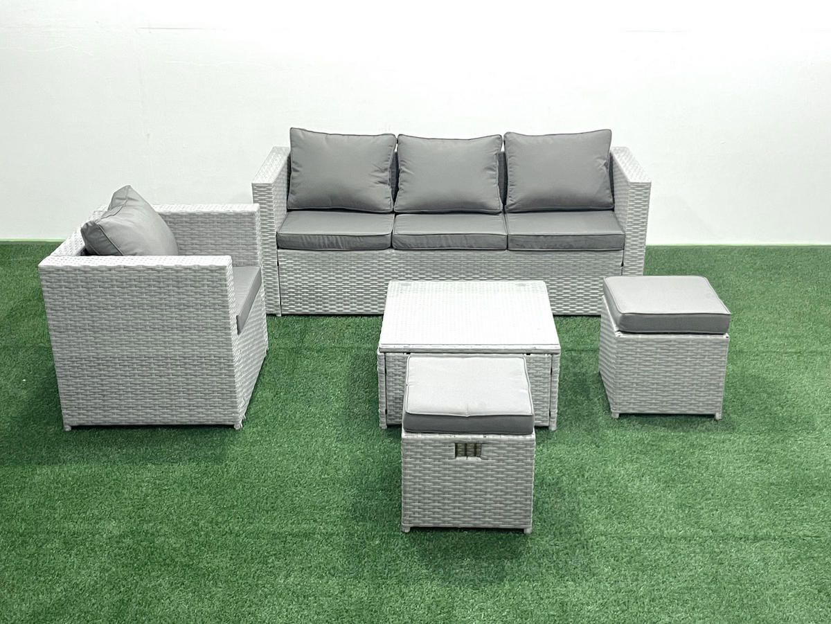 GARTENMÖBEL-SET mit Kissen Polyrattan Hellgrau-Mix 6-Sitzer - Hellgrau/Grau, Glas/Kunststoff - Fimous