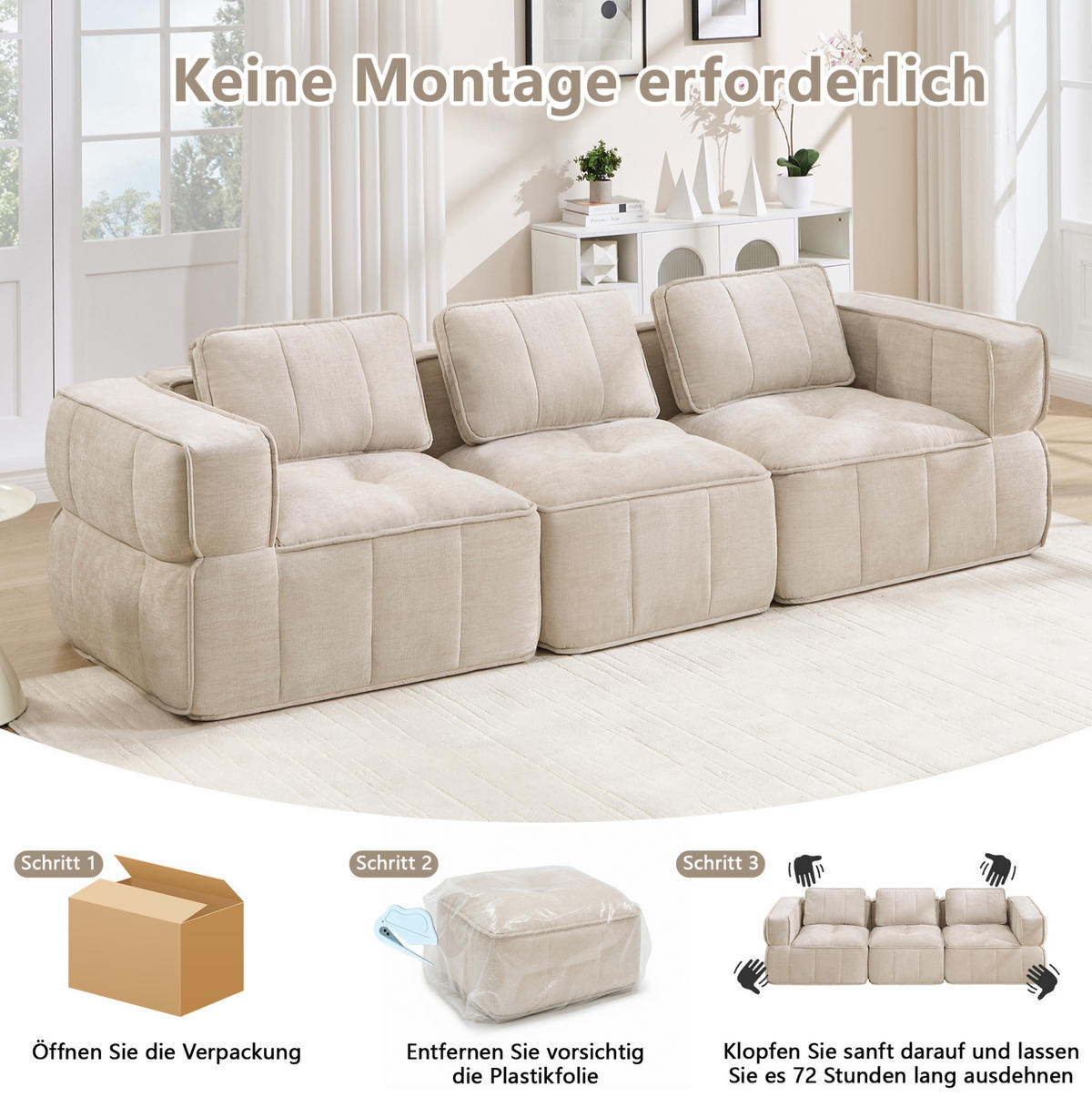 SOFA 271/93/67 cm in Beige, modular, aus Polyester mit rutschfestem Standfuß - Beige, Kunststoff (93/67/271cm) - Flora Grace