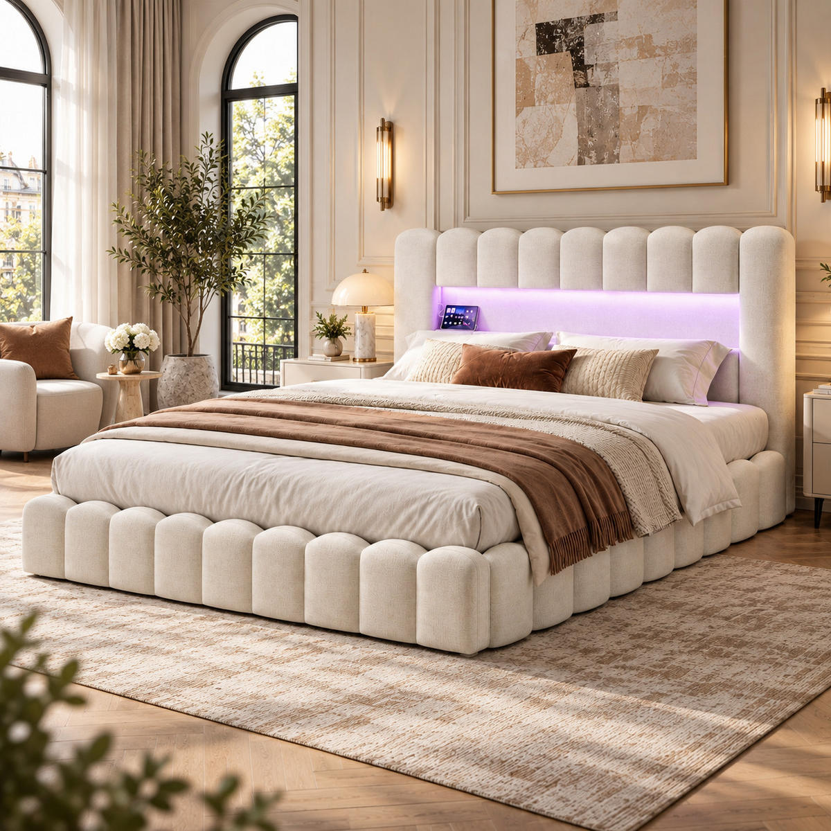 POLSTERBETT 160/200 cm mit LED-Kopfteil und hydraulischem Stauraum, modernes Schlafzimmerbett - Beige, Holz/Metall (160/200cm) - Joyfair