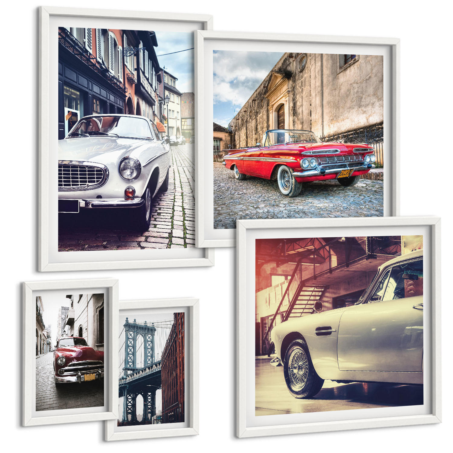 BILDER SET 5er Set - 50x50 cm & 20x30 cm & 40x60 cm Weißer Rahmen - Oldtimer in Städten - Weiß, Kunststoff (40/60cm) - TULUP