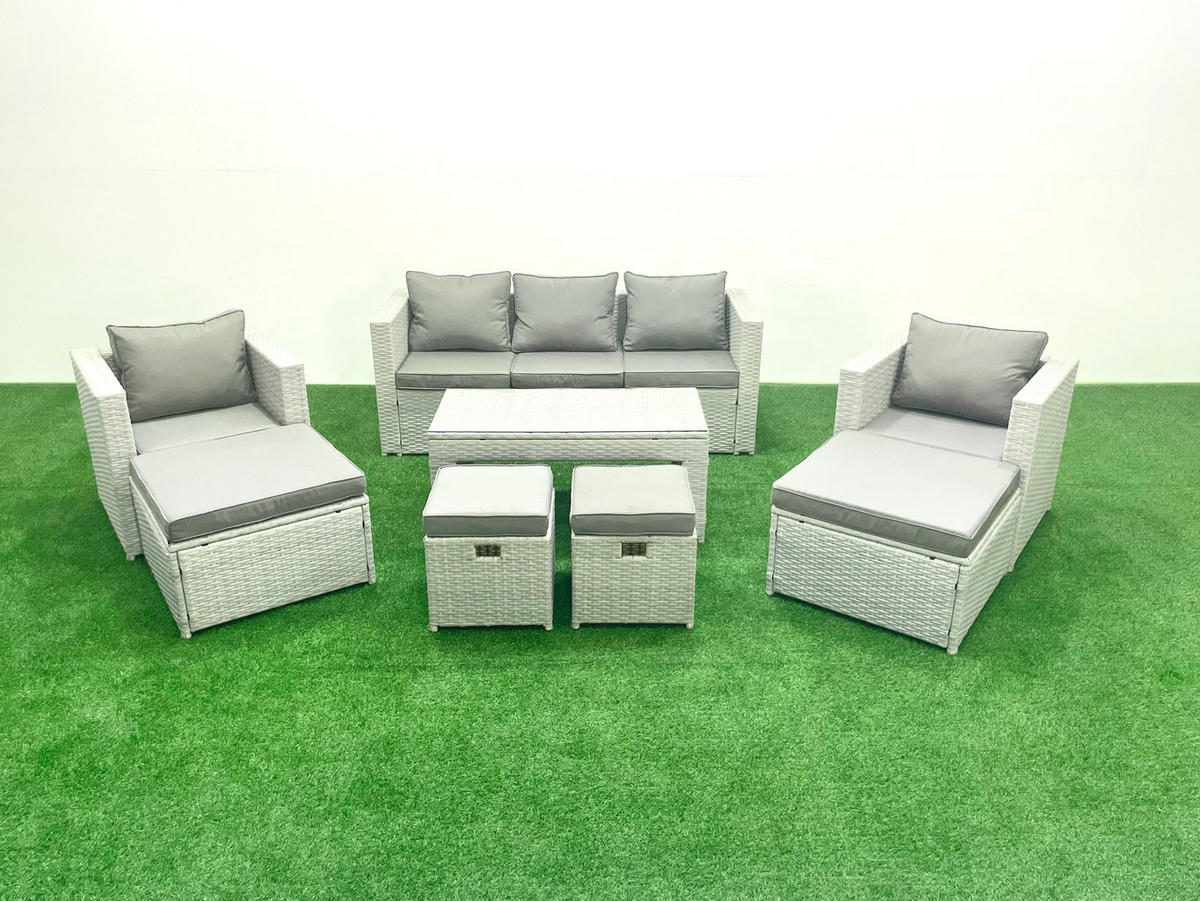 BALKONMÖBEL-SET Polyrattan Hellgrau-Mix 9-teilig - Hellgrau/Grau, Glas/Kunststoff - Fimous