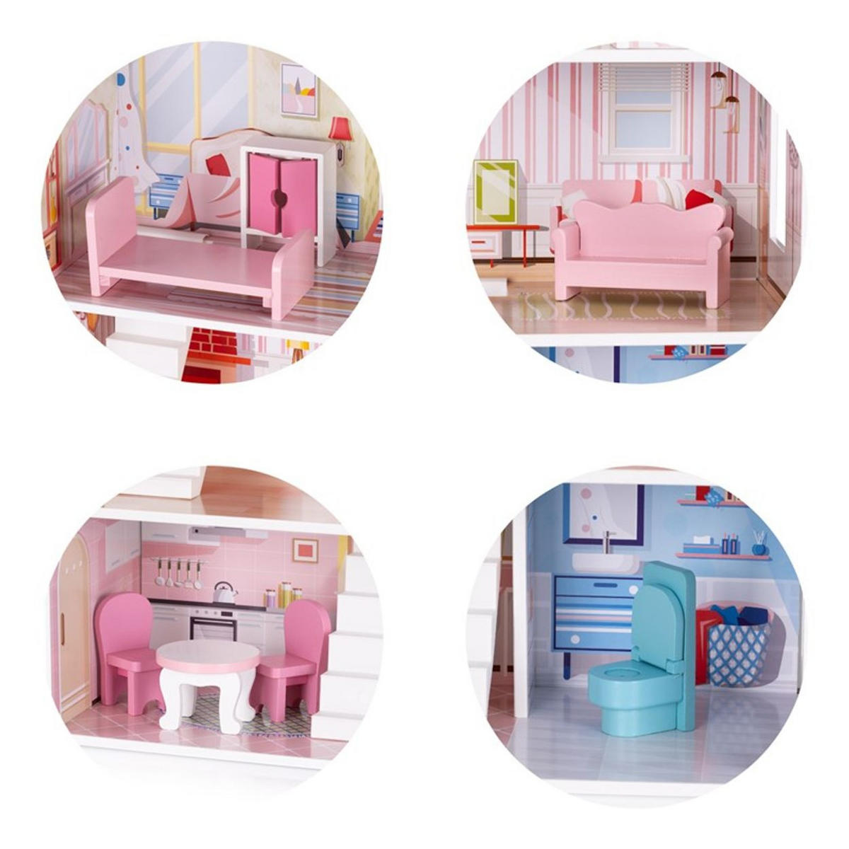PUPPENHAUS DIWH02406 rosa 51 x 24 cm, MDF, 7-teiliges Möbel-Set, Balkon, 4 Räume, ab 3 Jahren - Rosa, Holz (24/72/51cm) - Chipolino
