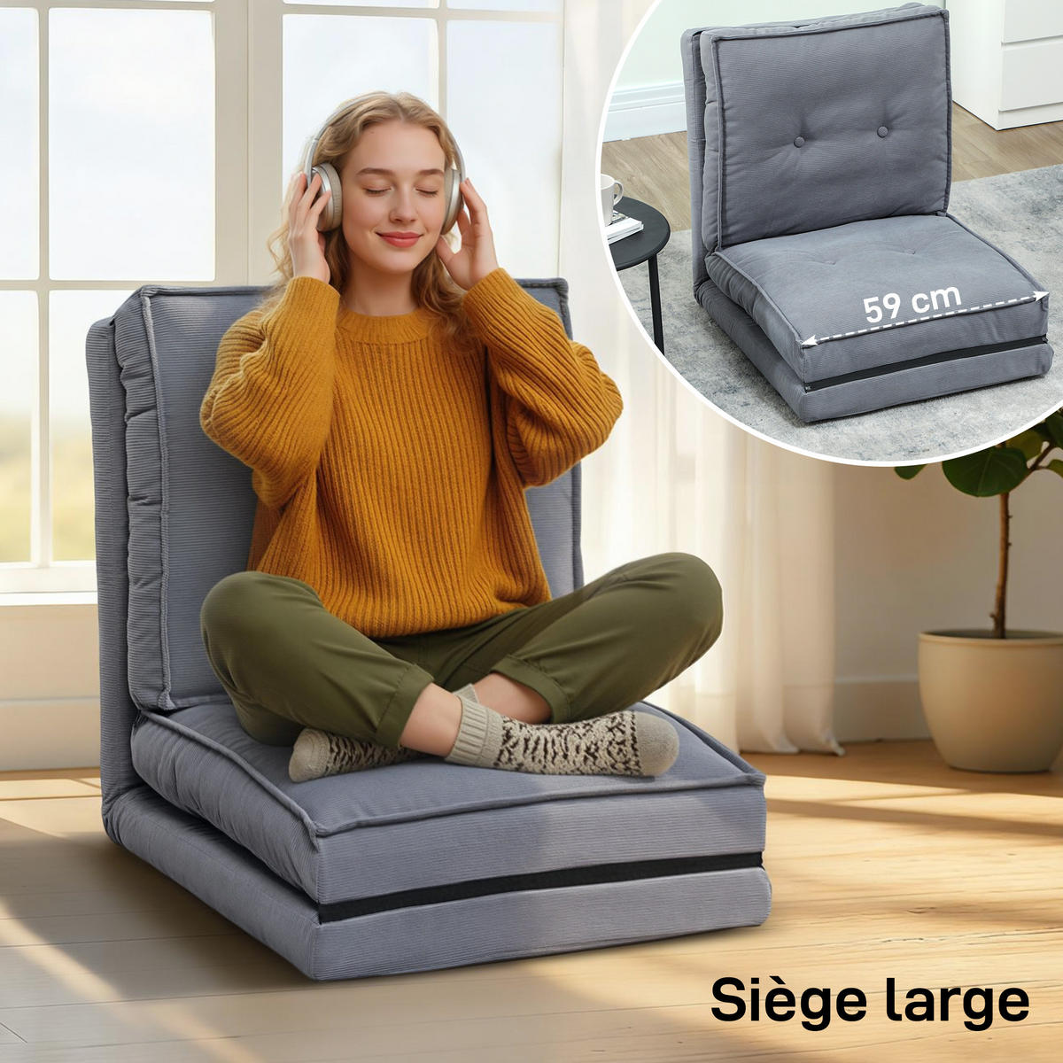 SCHLAFSESSEL DE-13496 5-fach verstellbar, Kordelsamt Grau - Grau, Textil (59/68/69cm) - ComfortXL