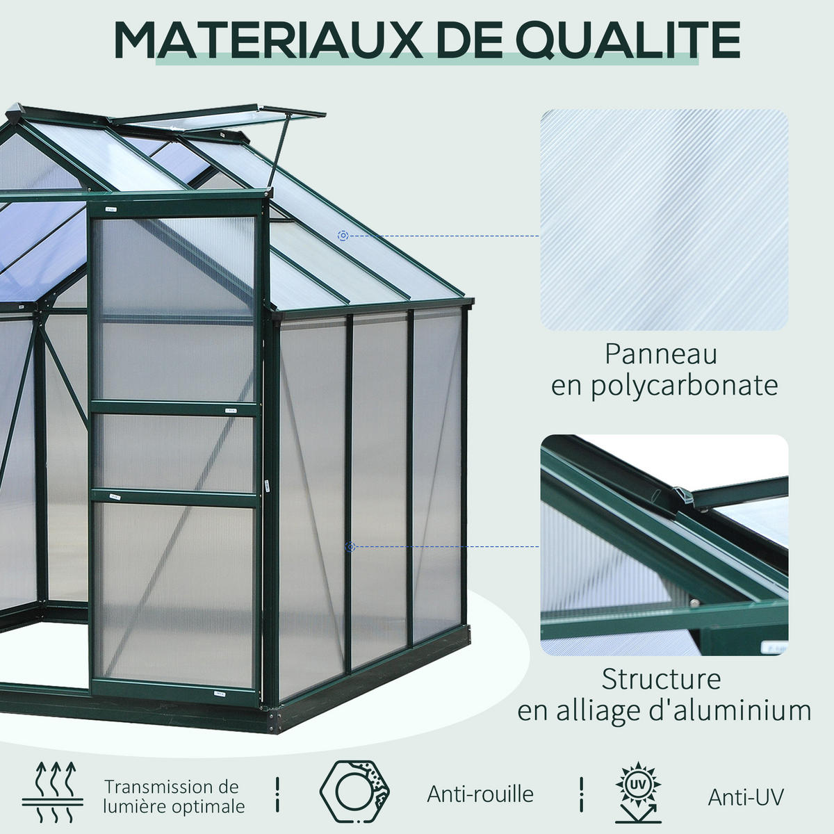 GEWÄCHSHAUS DE-11893 Polycarbonat mit Dachluke & Regenrinne Dunkelgrün - Grün, Metall (192/201/190cm) - ComfortXL