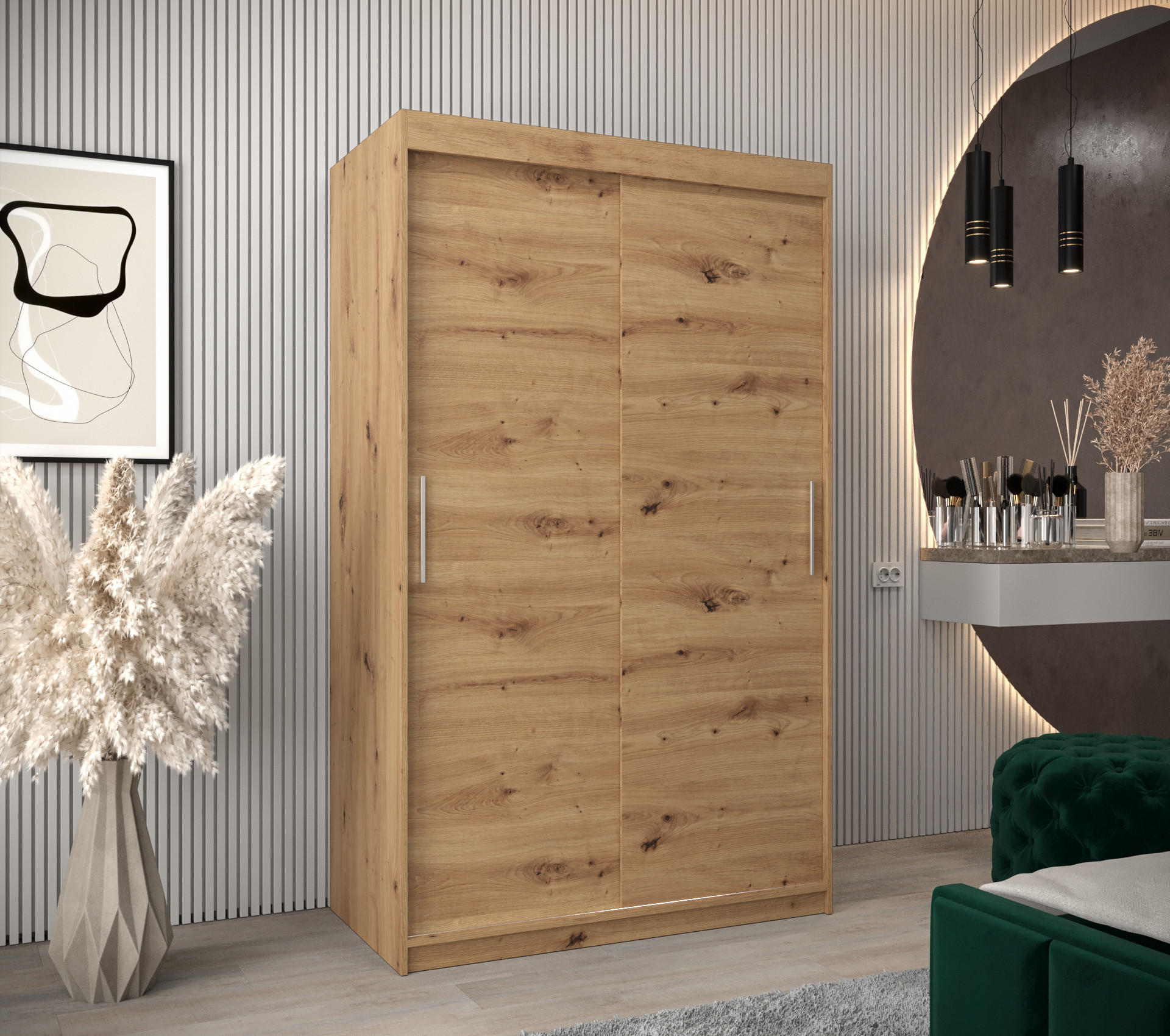 SCHWEBETÜRENSCHRANK 200/120/62 2-türig - Silberfarben/Eiche Artisan, Holz/Kunststoff (120/200/62cm) - MÖBEL KRYSPOL