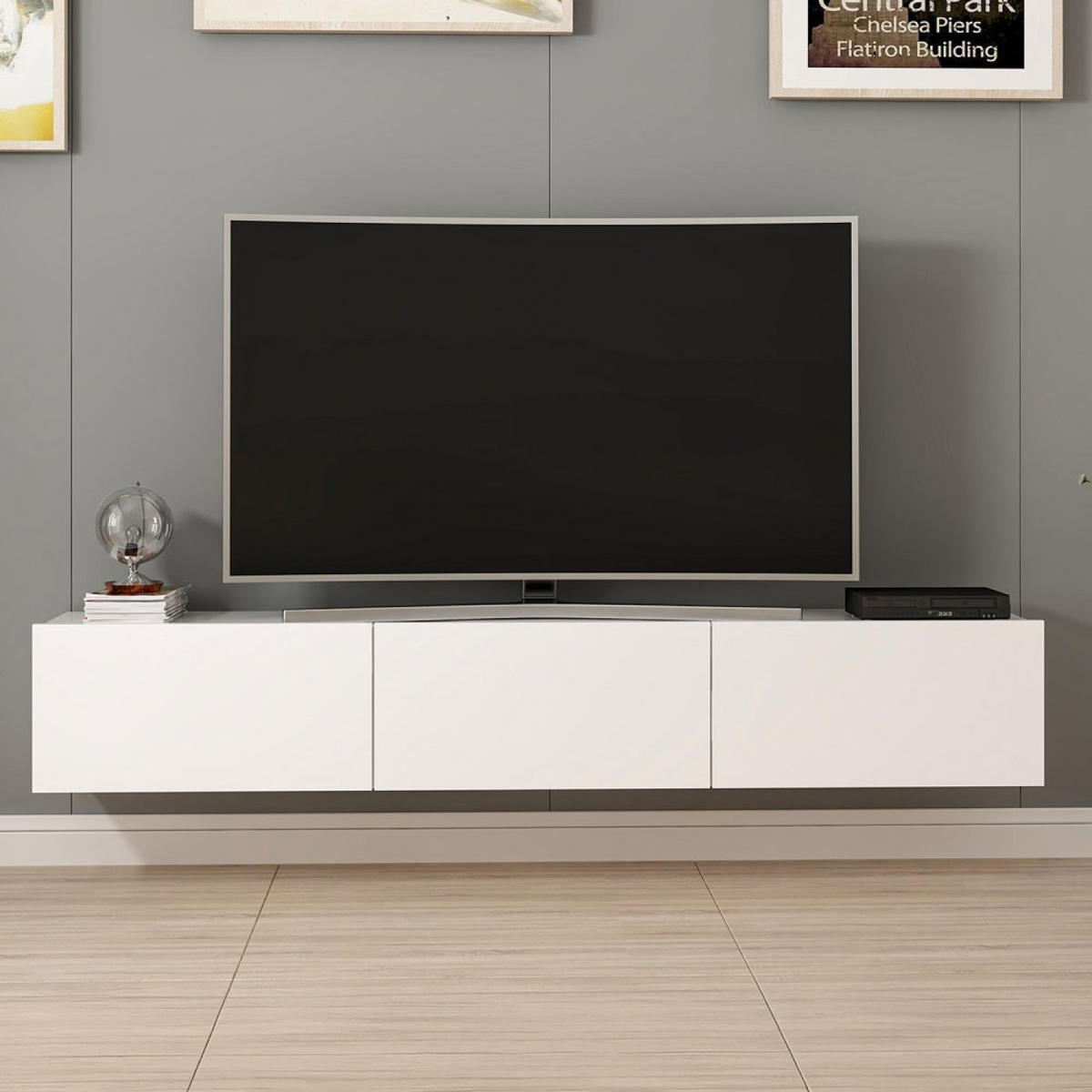 TV-MÖBEL Pary weiß 180 cm im zeitgenössischen Stil wandhängend mit Schrank - Weiß, Holzwerkstoff (180/30/32cm) - Concept Usine