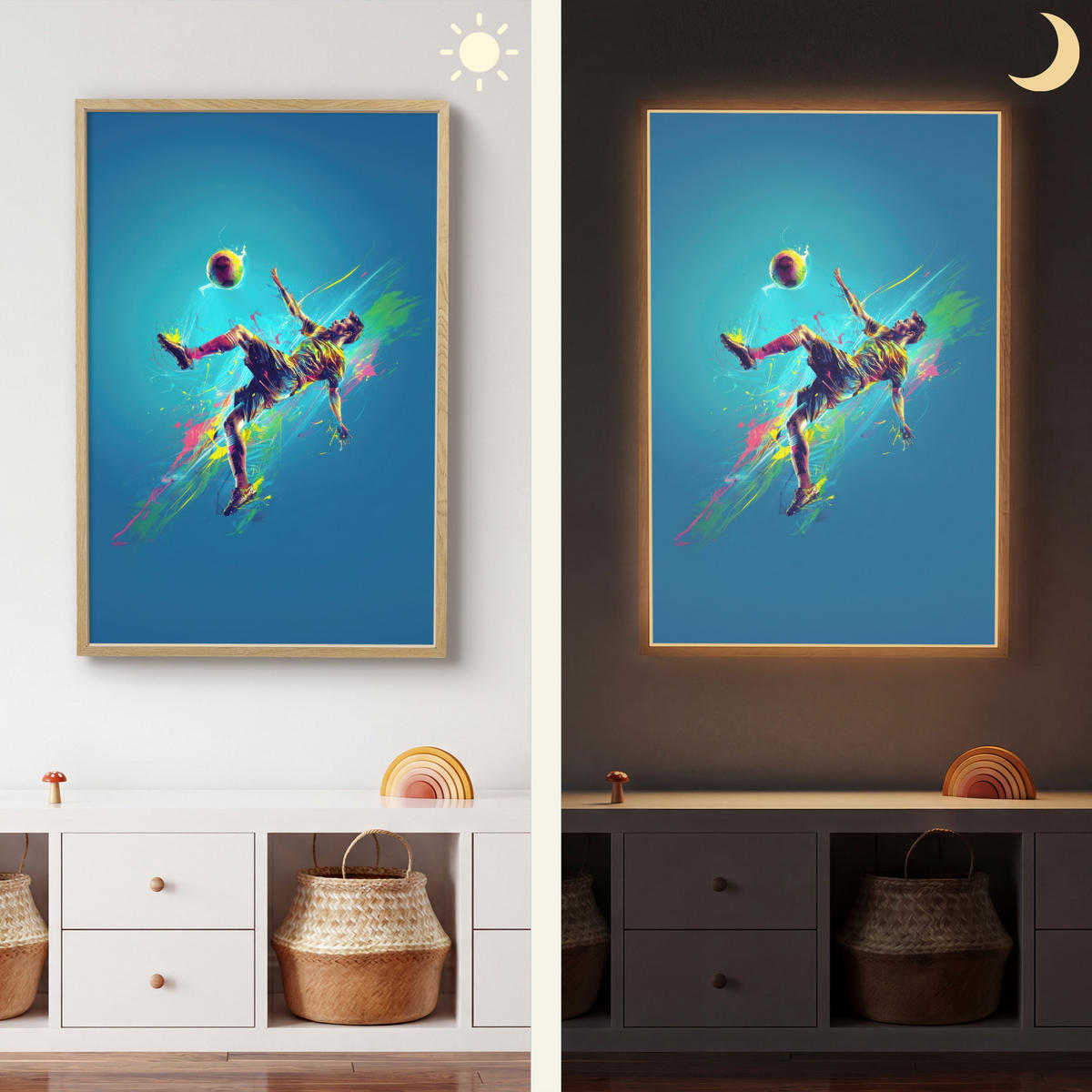 NÁSTĚNNÁ LAMPA S AKUMULÁTOREM Fotbalista - Stříkající barva - Barevné - Míč 60x90 cm - modrá, kompozitní dřevo (60/90/8cm) - OnlyWow