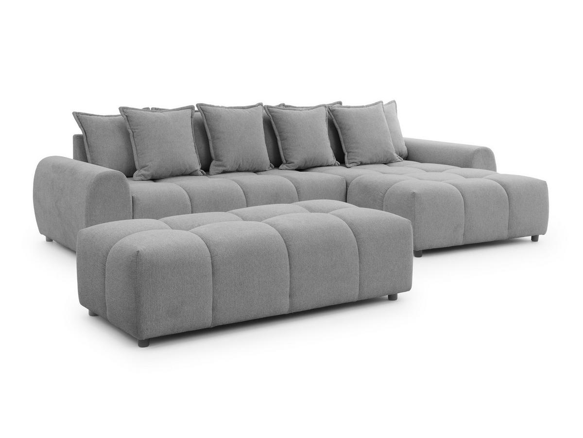ECKSOFA inkl. Hocker Bubble mit Schlaffunktion und losen Rückenkissen, Sitzfläche Bubble-Optik aus weichem Grau Strukturstoff - Ottomane Rechts - Schwarz/Grau, Holz/Kunststoff (306/180cm) - S-Style Möbel