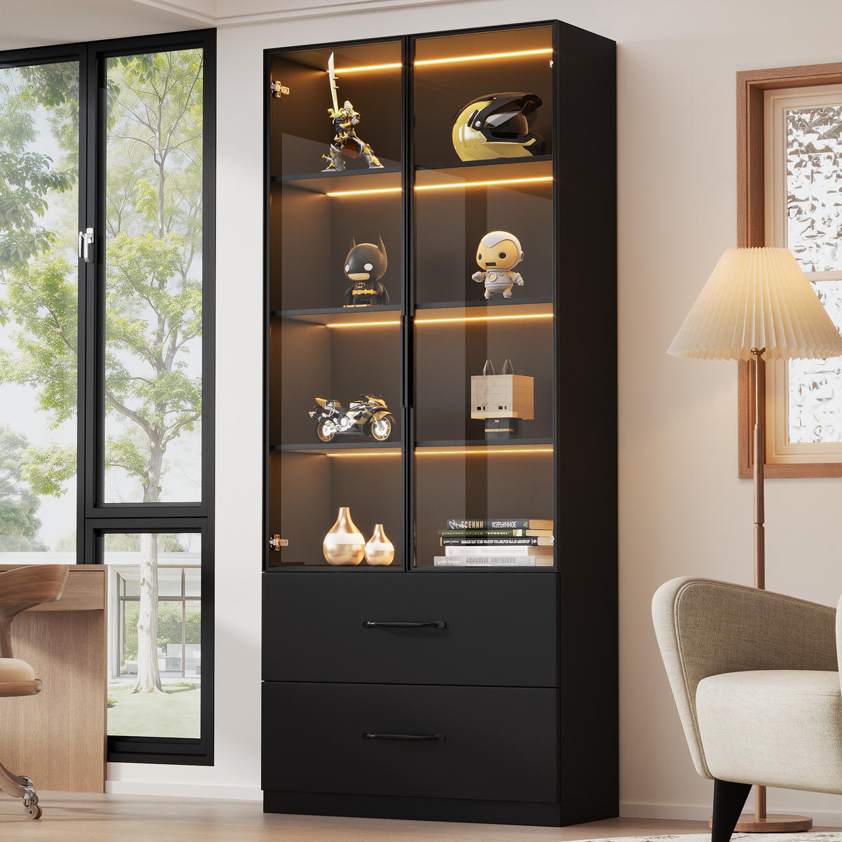 VITRINE 60cm Glas LED Aluminium 2 Türen Schubladen modern - Schwarz, Holzwerkstoff (60/160/40cm) - FLIEKS