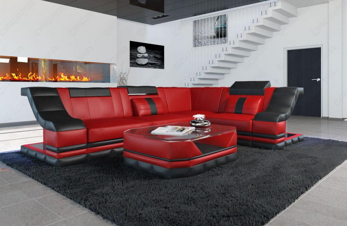 COUCH Bianchi Rot Schwarz Büffelleder - Rot, Leder (271/196cm)