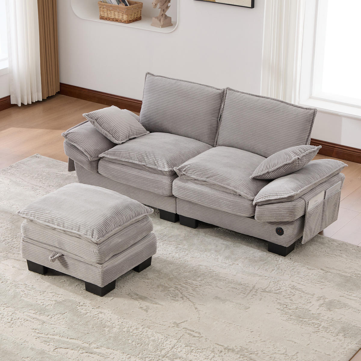 SOFA 2-Sitzer mit Hocker 190 x 132 x 84 cm Corduroy Light Gray - Hellgrau, Kunststoff (132/190.1cm) - Meubliv