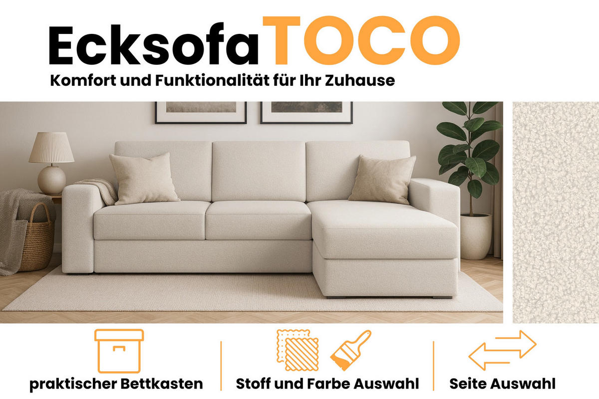 ECKSOFA TOCO L 240x145 cm in Boucle Ecru rechts - Hellgrau, Holz/Holzwerkstoff (240/145cm) - Deine Möbel 24
