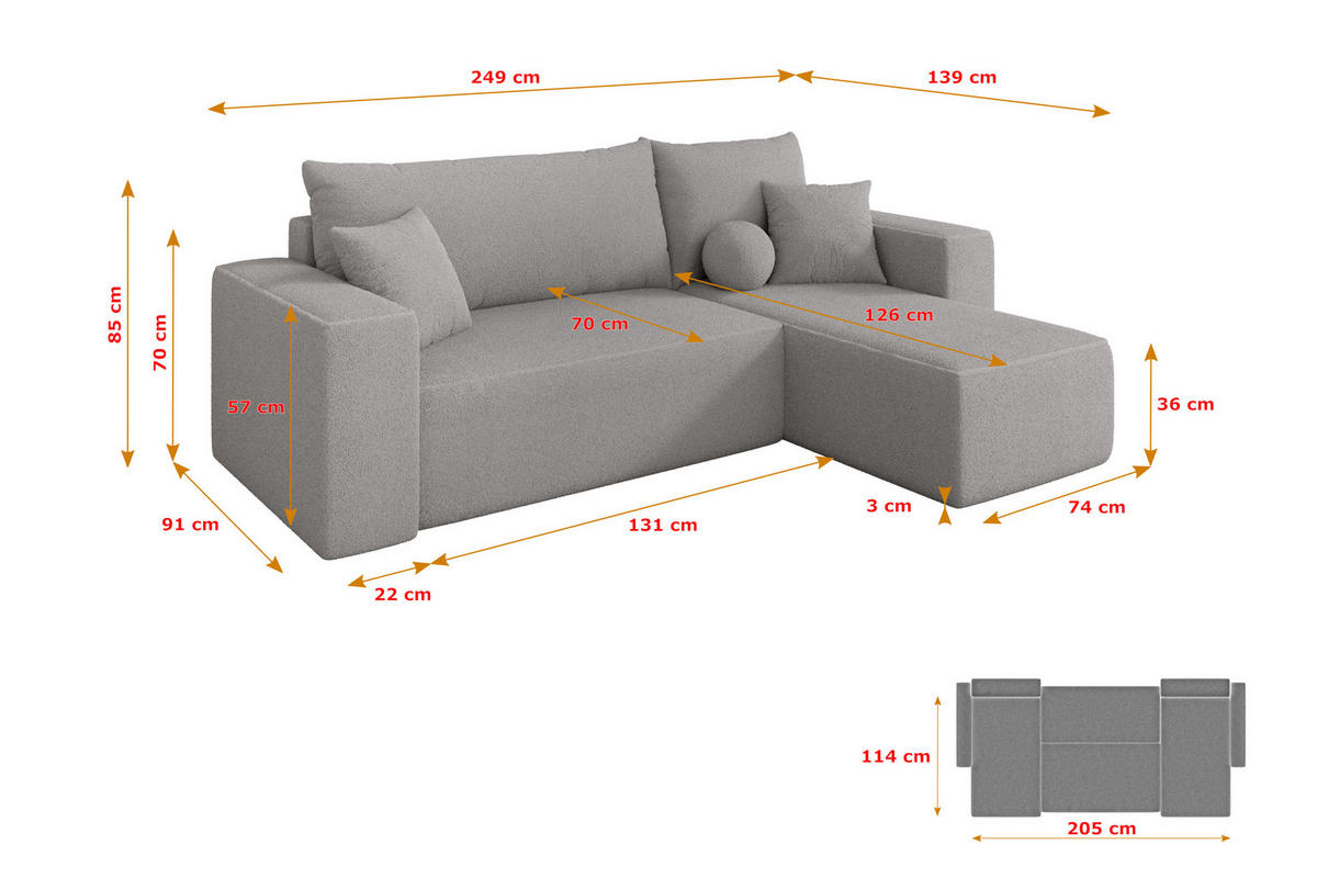 ROHOVÁ SEDAČKA s funkcí spaní, otoman vpravo SENO-L 249x139x85 světle šedá bouclé - černá/stříbrná, kompozitní dřevo/textil (249/139cm) - ALTDECOR