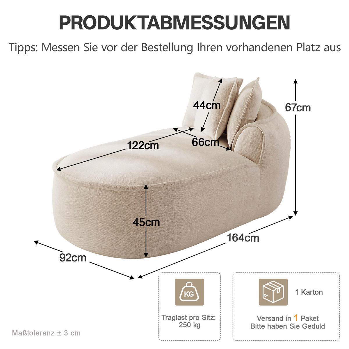RÉCAMIERE rechte Chaiselongue mit Kissen, DE-42643, Helltaupe - Taupe, Textil (164/67/92cm) - ComfortXL