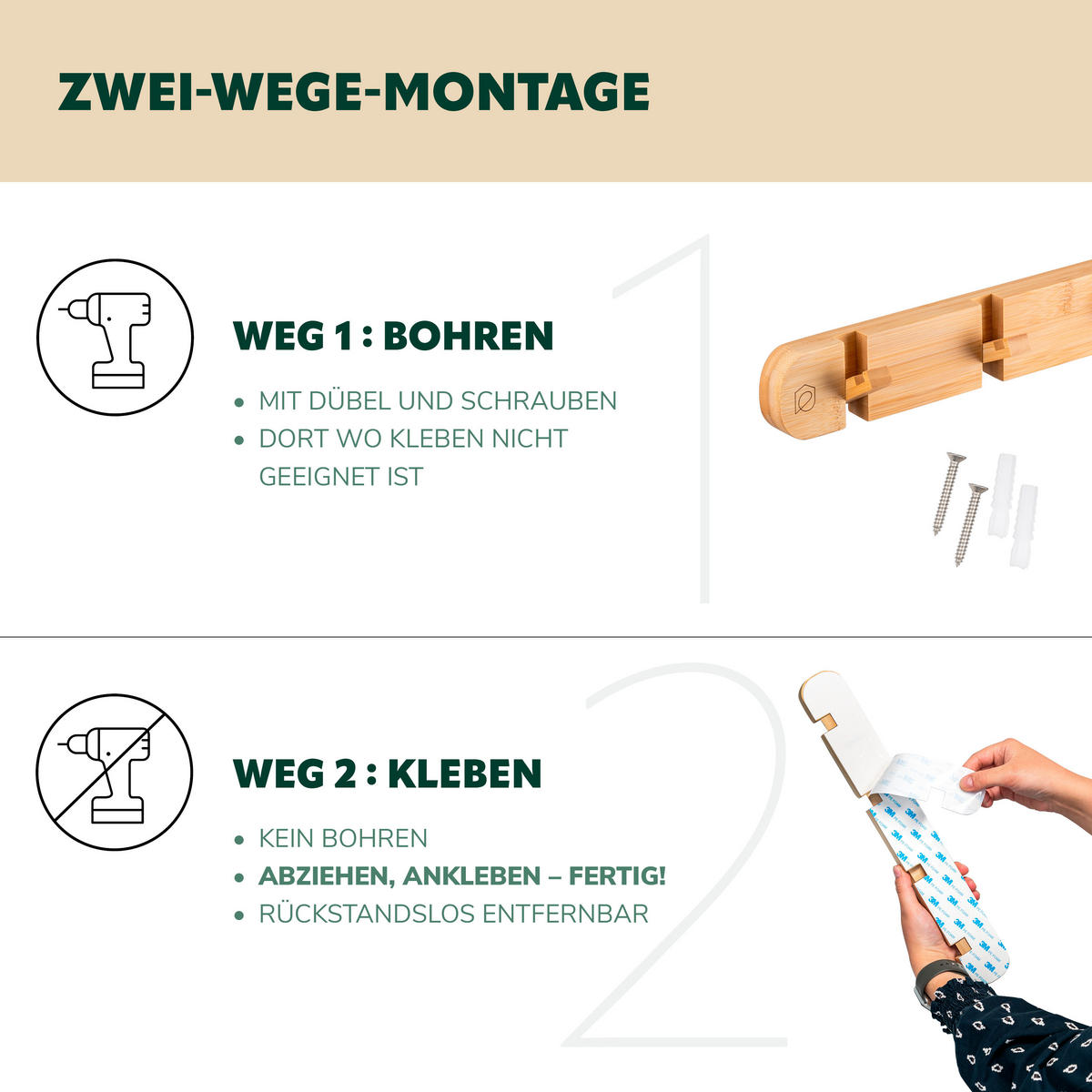 HAKENLEISTE, Bambus - Braun, Holz (40/5.5/5cm) - eluno