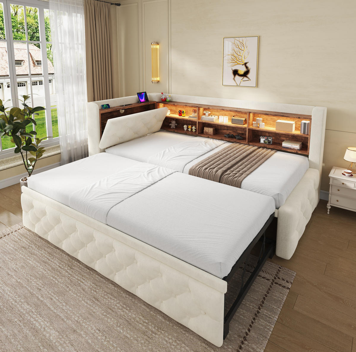 BETT 90/180×190 cm in Beige mit Stauraum, LED-Beleuchtung und USB- und Type-C-Anschlüssen - Beige, Textil (180/190cm) - Flora Grace