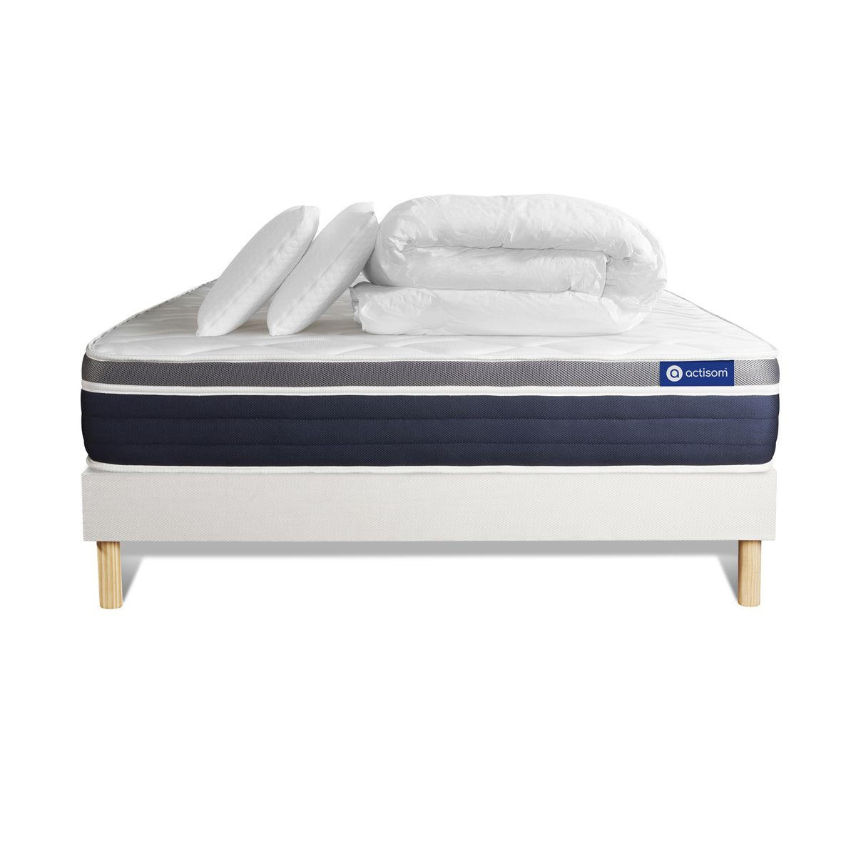 BETT Actilatex confort Latex und Memory-Schaum 180 x 200 cm h2 - Kit Bettgestell Weiß - Mit Kissen und Bettdecke - Beige/Weiß, Karton/Holz (180/200cm) - ACTISOM