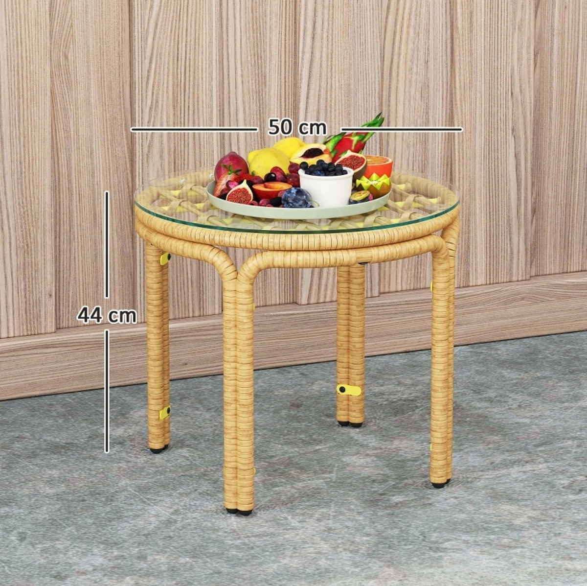 BEISTELLTISCH 50/50/44 cm mit Sicherheitsglasplatte und wetterbeständigem Gestell aus PE-Rattan, Gelb - Gelb, Glas (50/50/44cm) - Redom