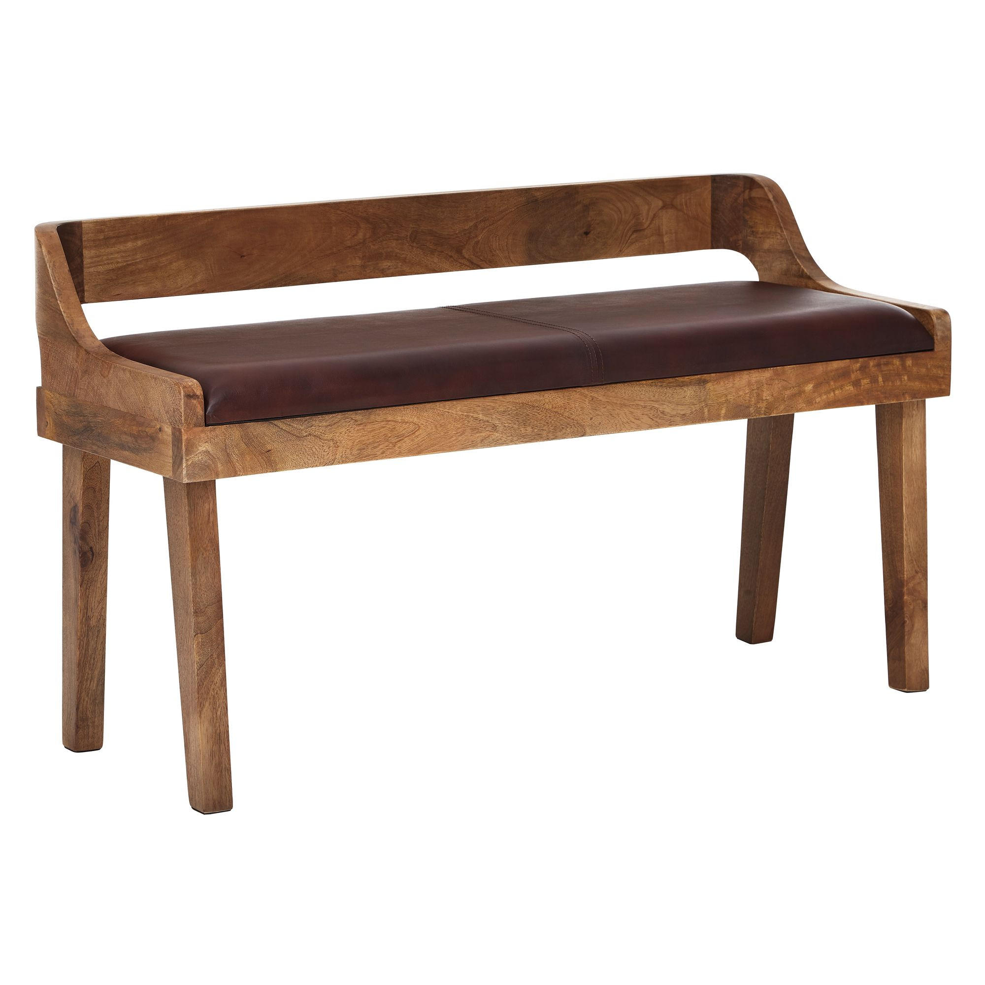 SITZBANK – Leder/Massivholz, 108x63x43 cm, Braun, mit Lehne - Braun, Leder/Holz (108/63/43cm) - KADIMA DESIGN