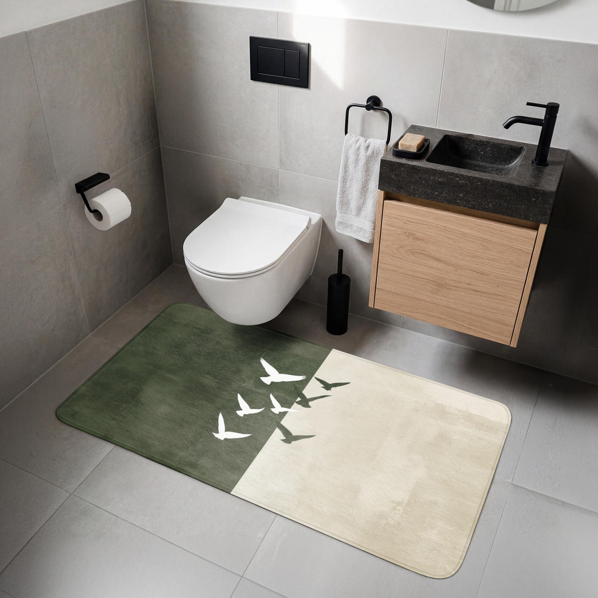 WC PŘEDLOŽKA Japandi - Pták - Zelený 120x60 cm - olivově zelená, textil/plast (120/1cm) - OnlyWow